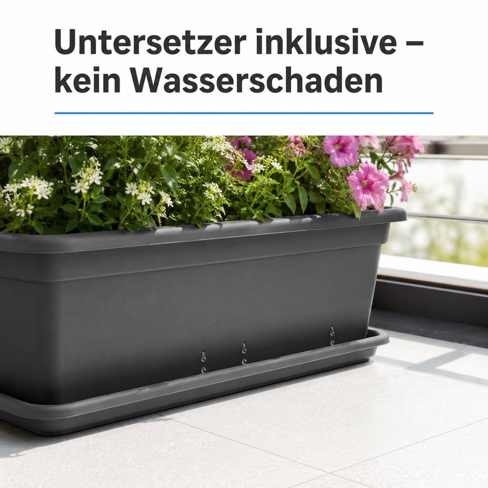 SUSTANIA Blumenkasten 80cm 4er Set mit Untersetzer – Balkon Blumenkasten Anthrazit, Balkonkasten Kunststoff UV-beständig, Blumenkästen für Balkongeländer & Fensterbank, Made in EU