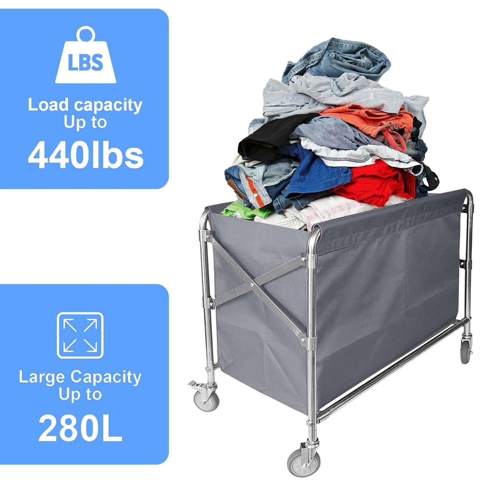 Carro Clasificador de Ropa Plegable, Cesto de Lavandería Comercial para Hotel con Estructura de Acero y Bolsas Extraíbles, Capacidad Total 280 L, Capacidad de Carga 200 Kg/440 Lb(Gray,60x90x88cm)