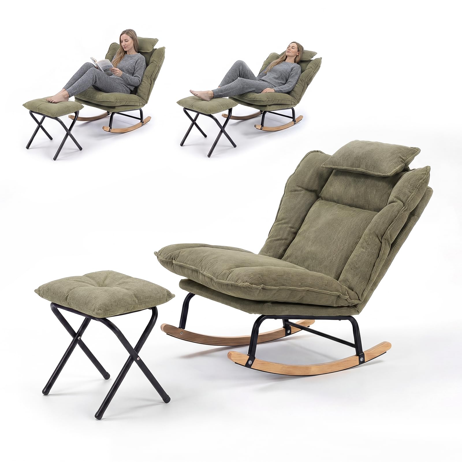 Fabulcozy Sillón Mecedor Regulable 3 Posiciones (90-120°) en Pana con Reposapiés Plegable y Cojín, Estructura Metálica y Patas de Madera de Hevea, para Salón, Dormitorio,Verde
