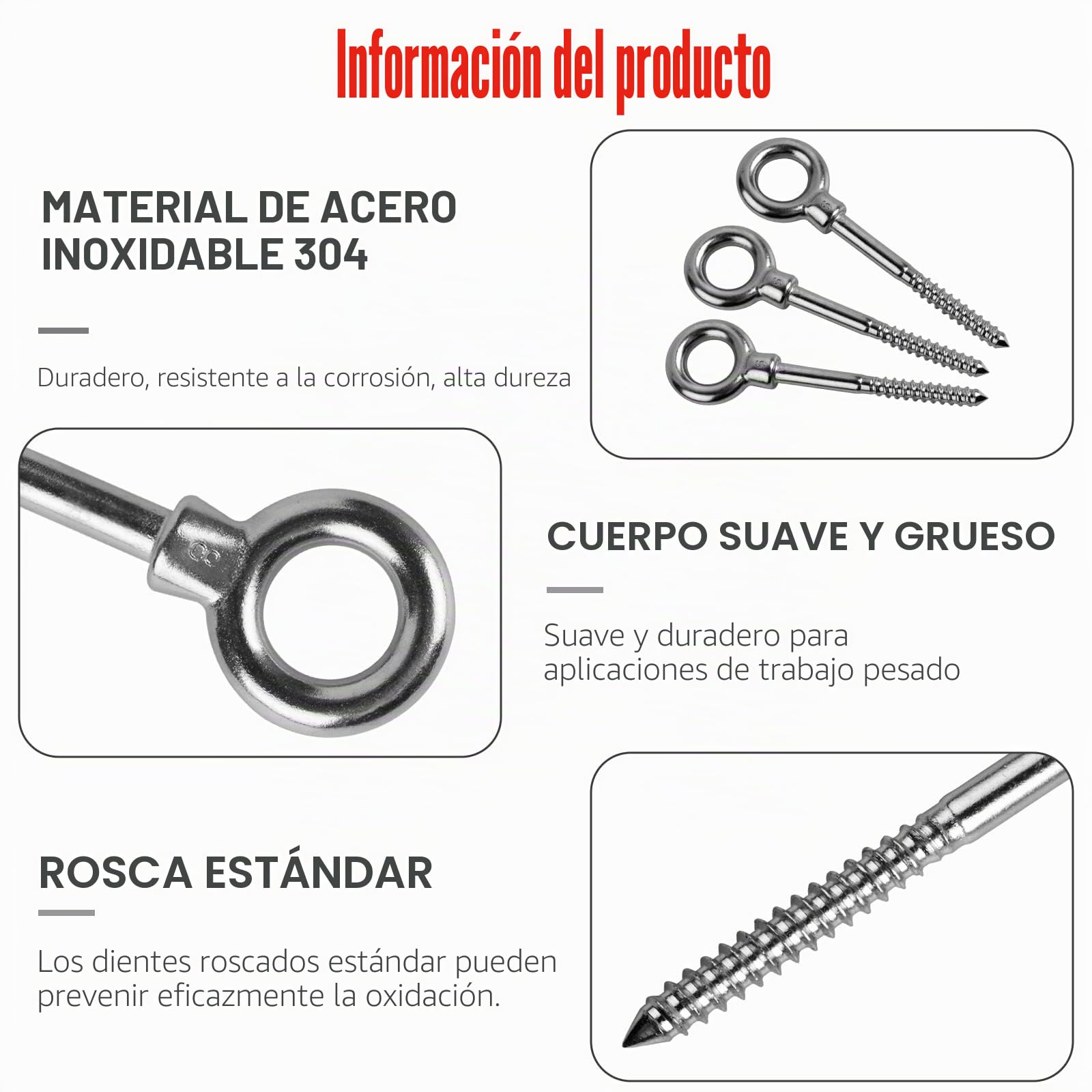 LALAGO 12 PCS. Perno de ojo, Pernos de tornillo, M8 x 80mm Acero inoxidable 304 Pernos de ojo de acero inoxidable, Ojales de tornillo para madera