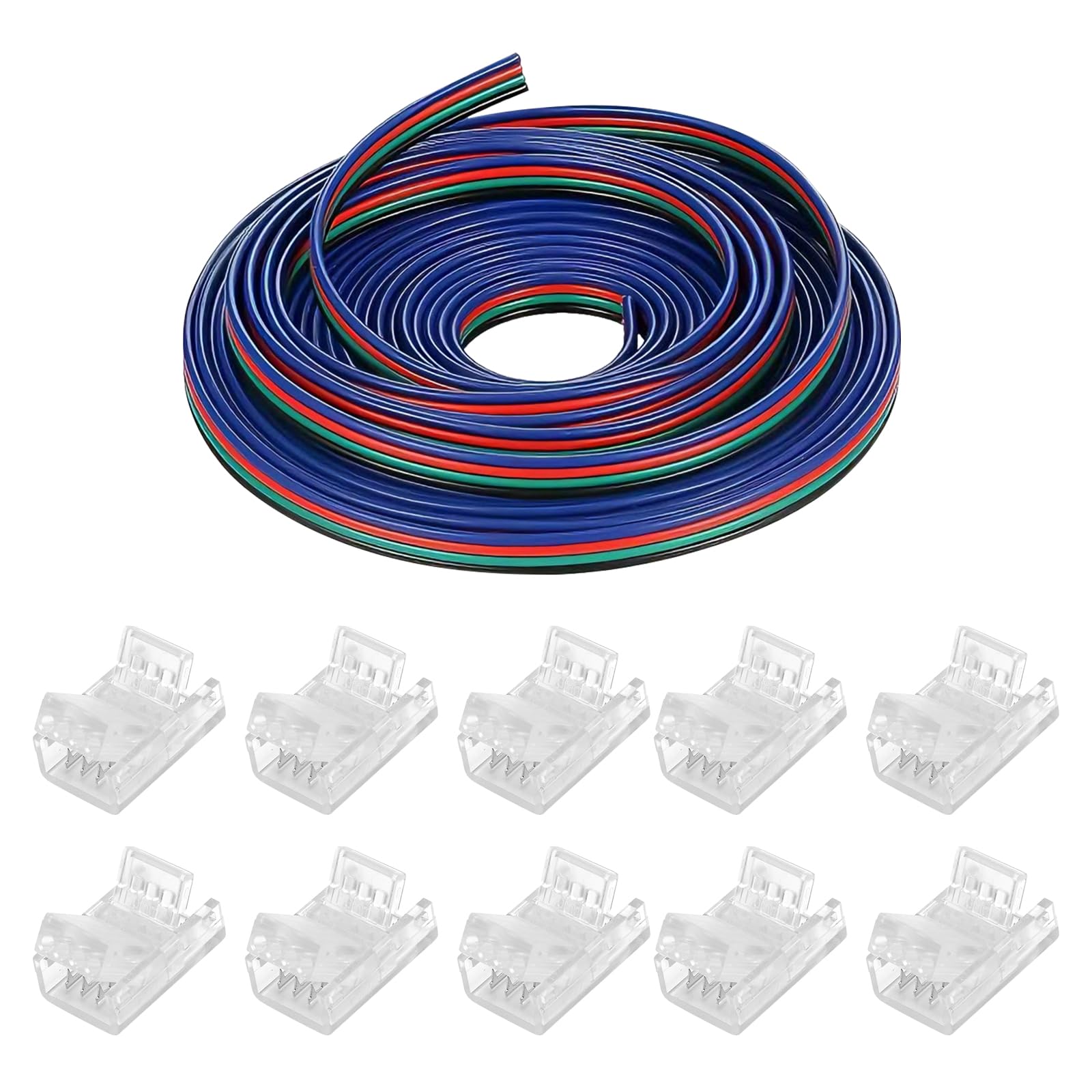 HENGBIRD przewód wydłużający 5 M 22 AWG 4-pinowe złącze LED do taśm LED i 10 sztuk 10mm 4-biegunowych złączy LED 12V-24V RGB przewód do podłączania taśm LED do SMD 3528 2835 5050 5630