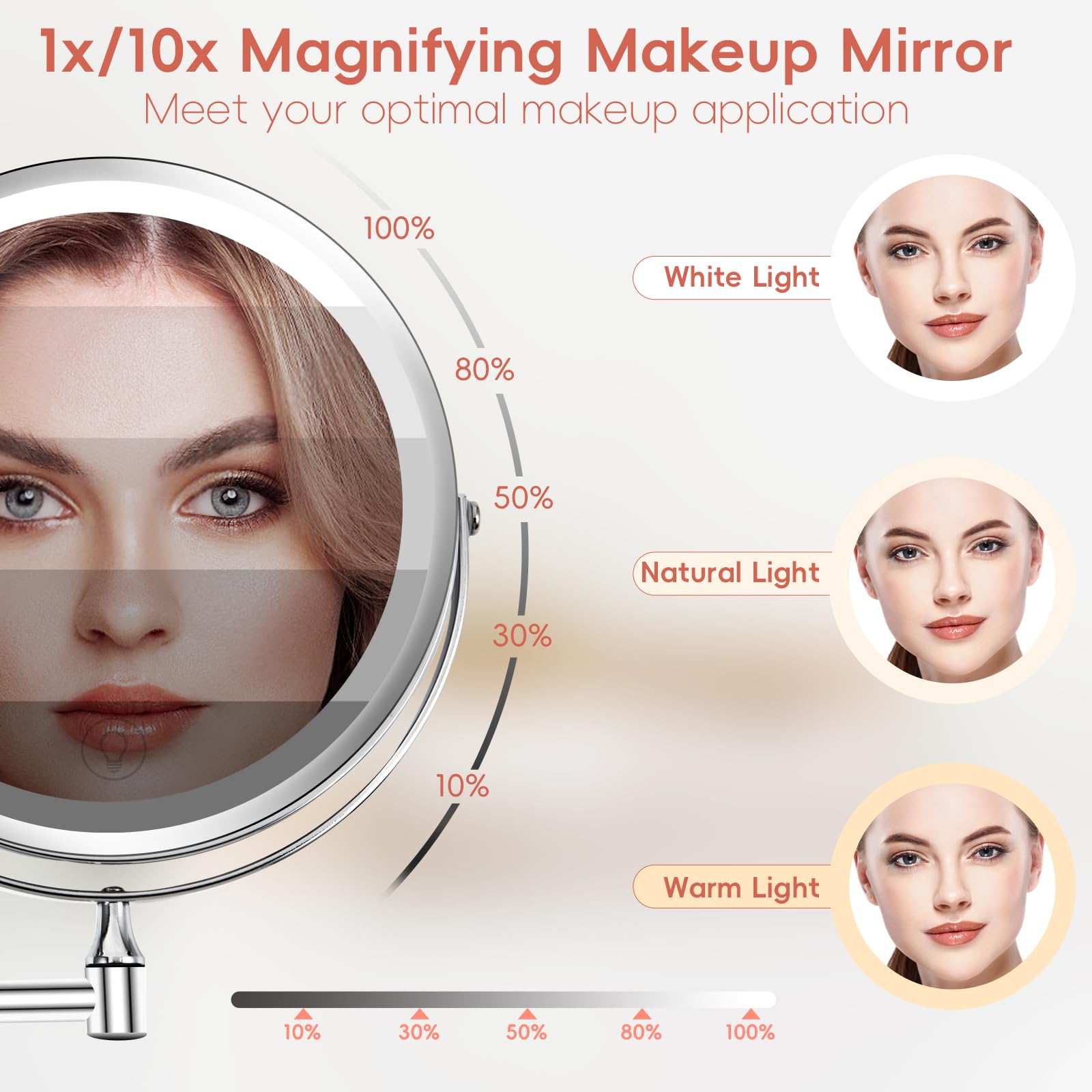 Specchio da trucco da parete da 20,3 cm, specchio cosmetico con ingrandimento 1x/10x, con luci, LED ricaricabile a 3 colori, luminosità regolabile, specchio da bagno con interruttore touch,