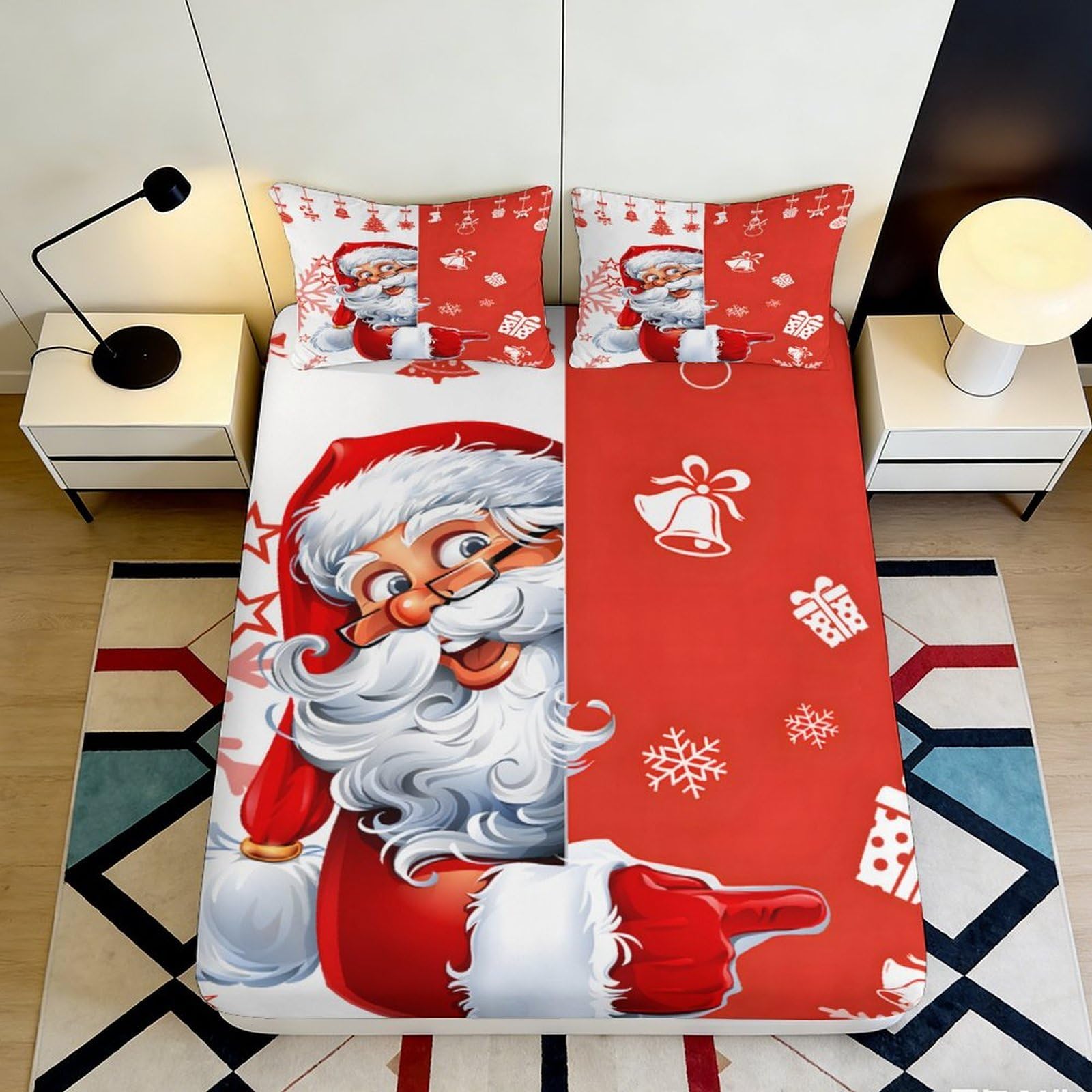 3D Printed Santa Claus Fitted Sheet Microfiber Red Bed Cover for Bedroom Guest Room Decor 90x200x25cm