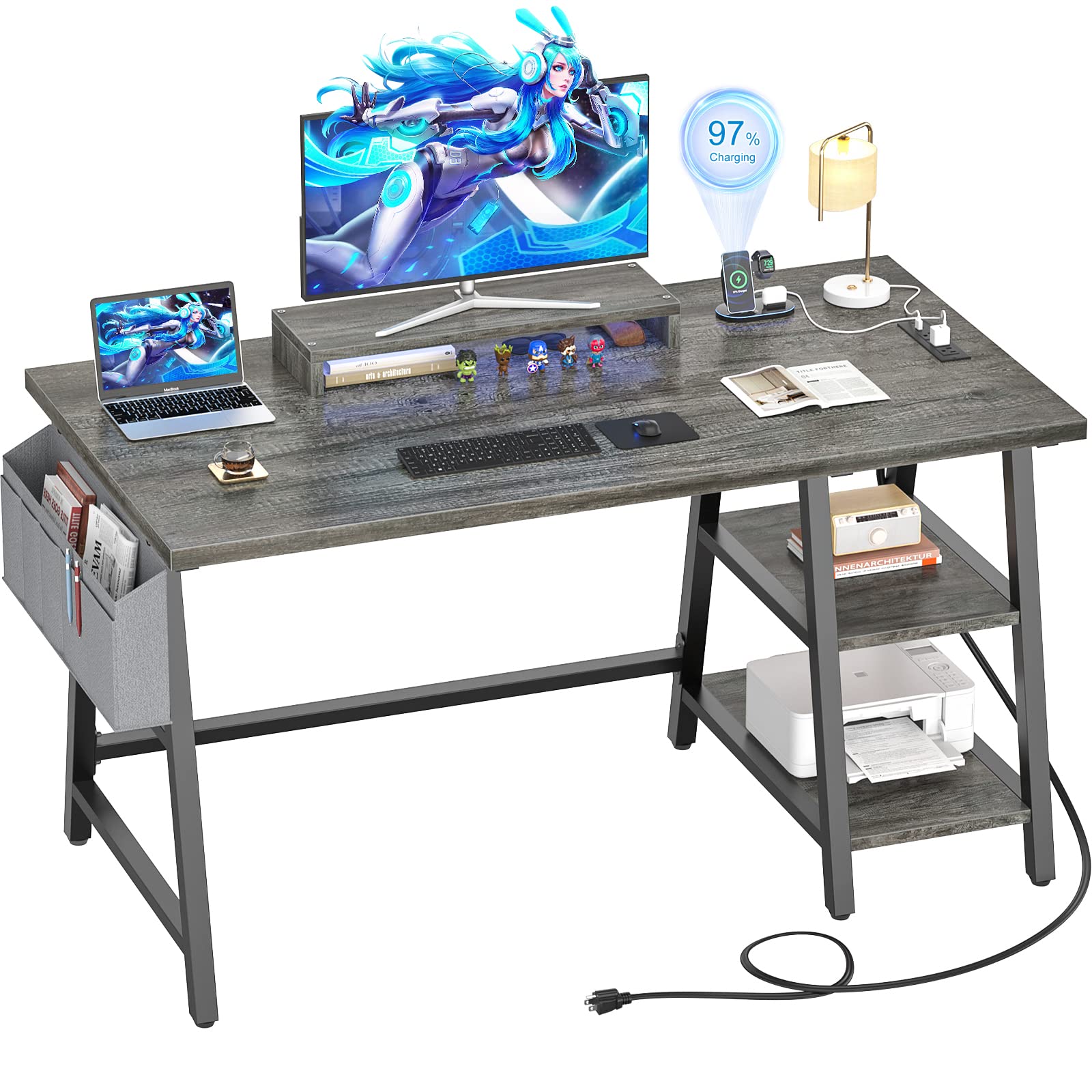 Photo 1 of Armocity Computer Desk with Outlet and USB Charging Port, 47 Inch Desk with Reversible Storage Shelves, Modern Gaming Desk with Moveable Monitor Stand and Storage Bag for Home Office Workstation, Gray Grey 47''