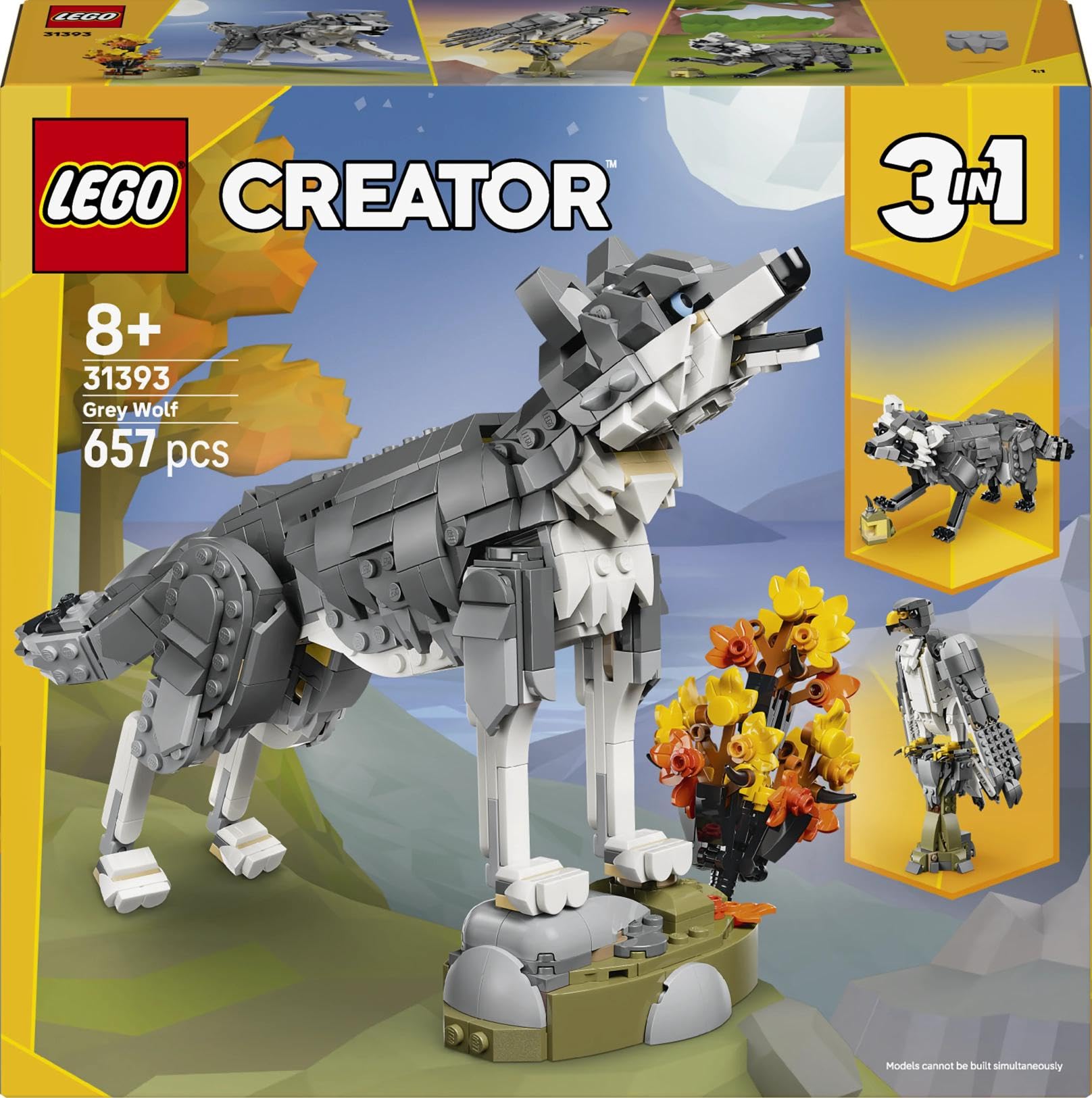 LEGO Creator 3-en-1 Les Animaux de la Forêt : Le Loup Gris - Jouet - Figurine d'animal se Transformant en Faucon ou Raton Laveur - Décoration DIY - Cadeau d'anniversaire Fille ou Garçon 8 Ans 31393