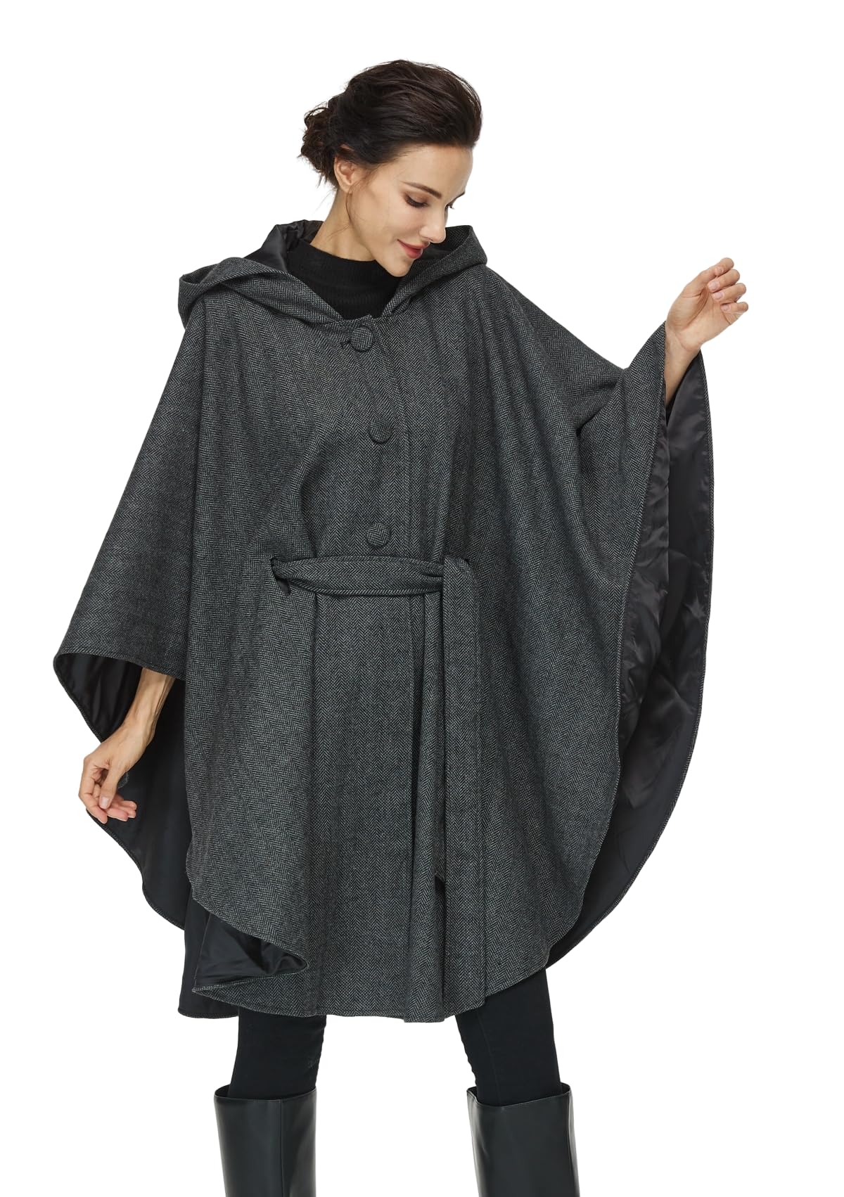 BEAUTELICATEWoolen Hooded Cape Coat Women Tweed Cloak Belted Kimono  Cardigan Poncho Oversized Stylish Trench Coat Jackets for Winter Fall Daily