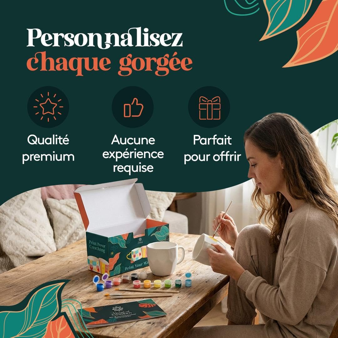 Home of creations Kit Peinture sur Céramique – Coffret Créatif avec 2 Grands Mugs Blancs, Peintures Spéciales Porcelaine et Pinceaux – Activité DIY et Cadeau Personnalisé pour Adultes et Enfants