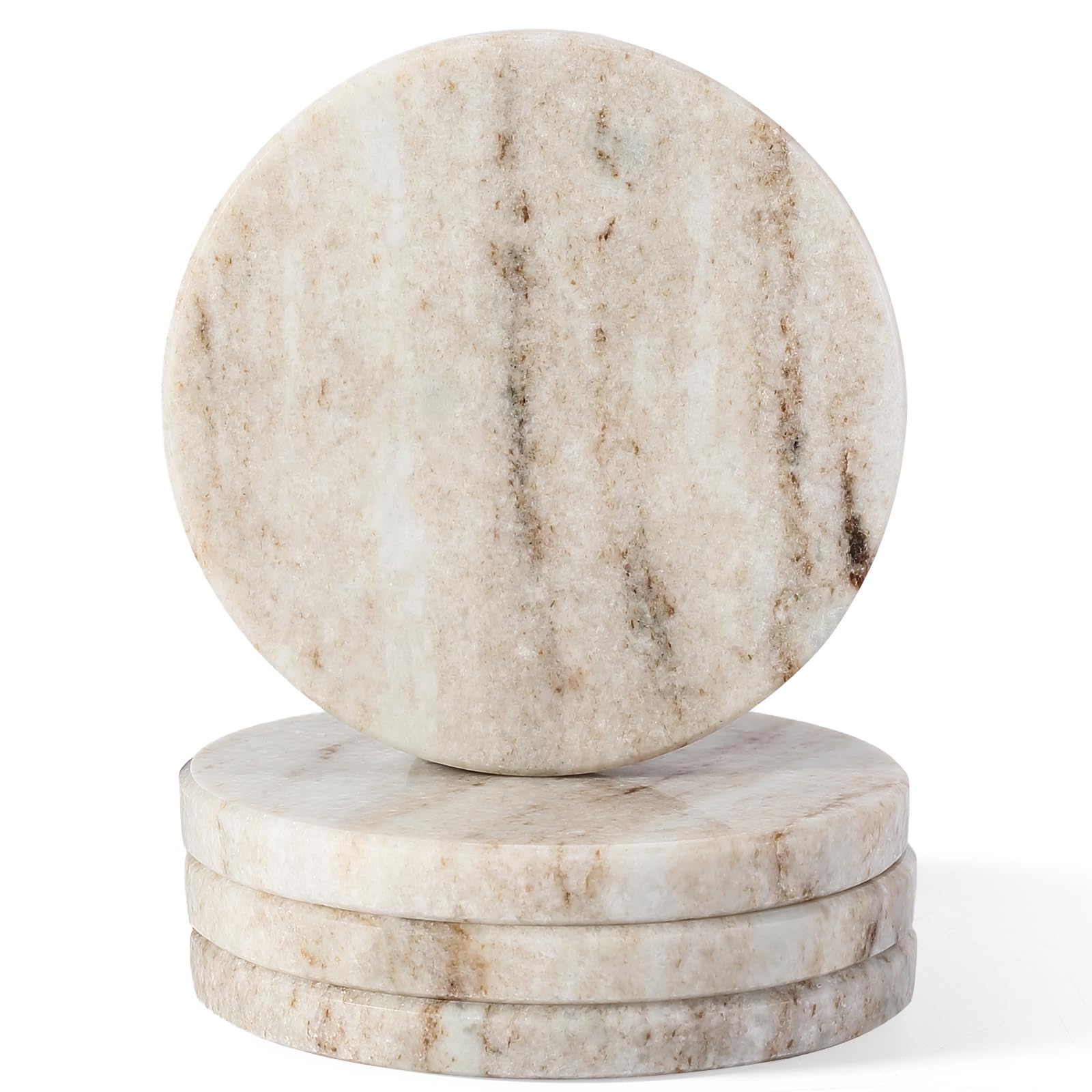Koville Marble Coasters, Round Modern Coaster Set of 4 for Drinks, 4" Stone Coaster Heat Resistant, Decorative Marble Coasters for Coffee Table Home Bar Decor, Gift Choice(Crystal Wooden)