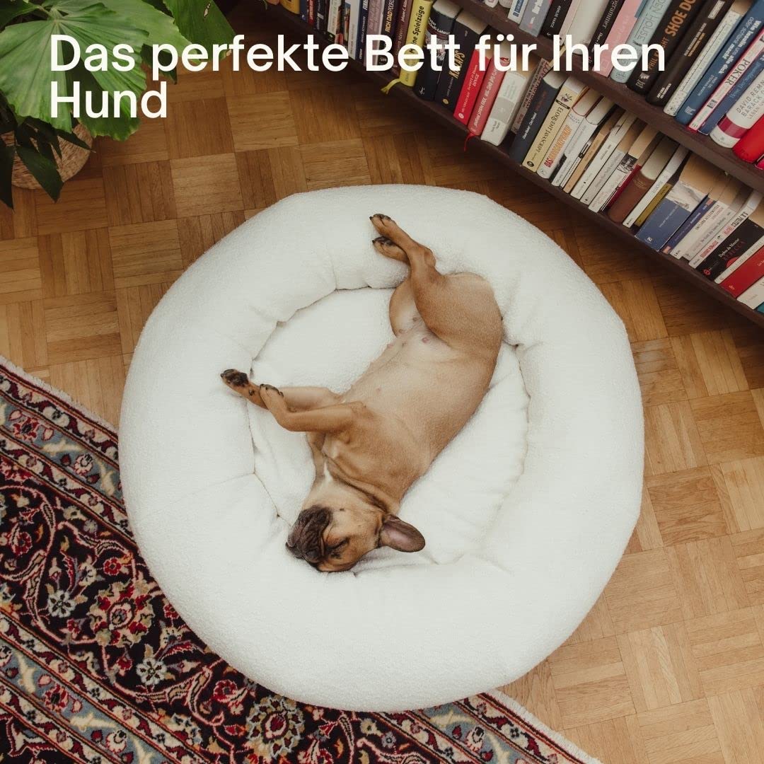 Holly Hundebett - Kratzfest, waschbar, langlebig - Luxuriöser Bouclé Stoff - Donut Hundebett in Cocoon Design - Ideale Unterstützung für Hals & Wirbelsäule - Hochwertiges Interior (S/M, Creme)