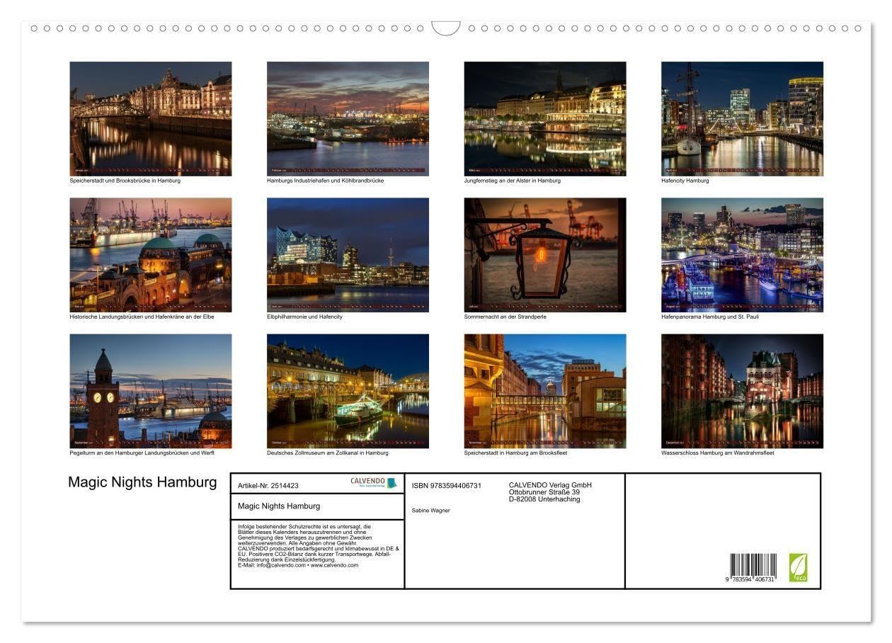 Magic Nights Hamburg (Wandkalender 2027 DIN A2 quer), CALVENDO Monatskalender: Wenn die Nacht Hamburg verzaubert