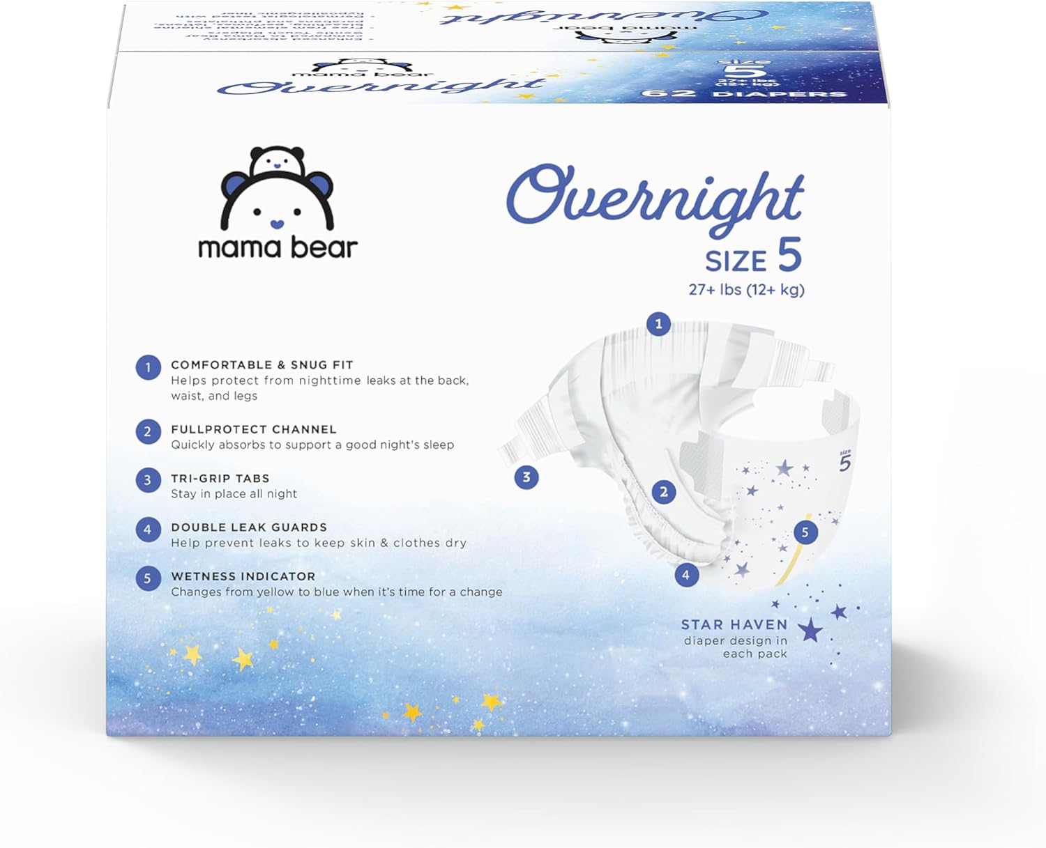 Amazon Brand - Mama Bear Overnight Baby Diapers with Leak Protection and Skin Protection, Fragrance-Free, Size 5, 62 Count, Maximum Absorbency
