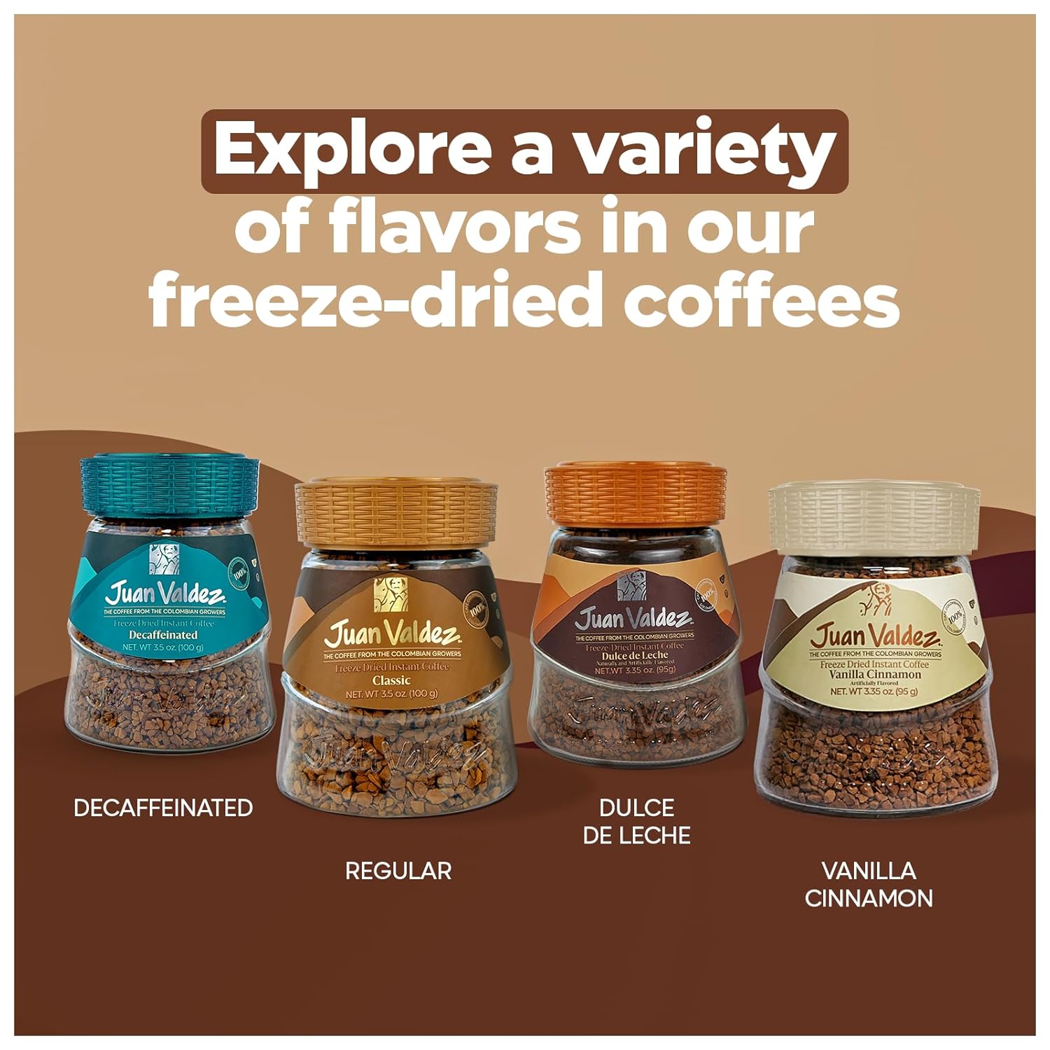 Juan Valdez Freeze-Dried Instant Coffee Bundle - Regular (3.5 oz), Decaf (3.5 oz), Dulce de Leche (3.35 oz) & Vanilla Cinnamon (3.35 oz) | 100% Colombian Arabica Beans | Premium Colombian Coffee