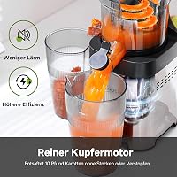 AMZCHEF Slow Juicer - 120 mm Széles Adagolónyílás Egész Gyümölcsökhöz - Gyorsan Tisztítható Gyümölcsprés 2 Pohárral - Ezüst 3