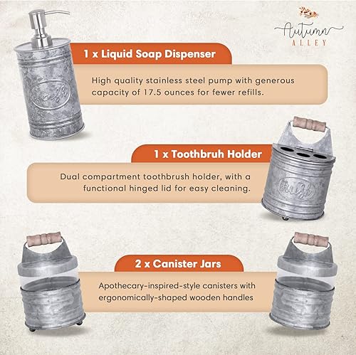 Miniatura 3 de Autumn Alley Juego de 4 accesorios de baño rústicos - Dispensador de jabón galvanizado, soporte para cepillos de dientes rústico, 2 tarros de