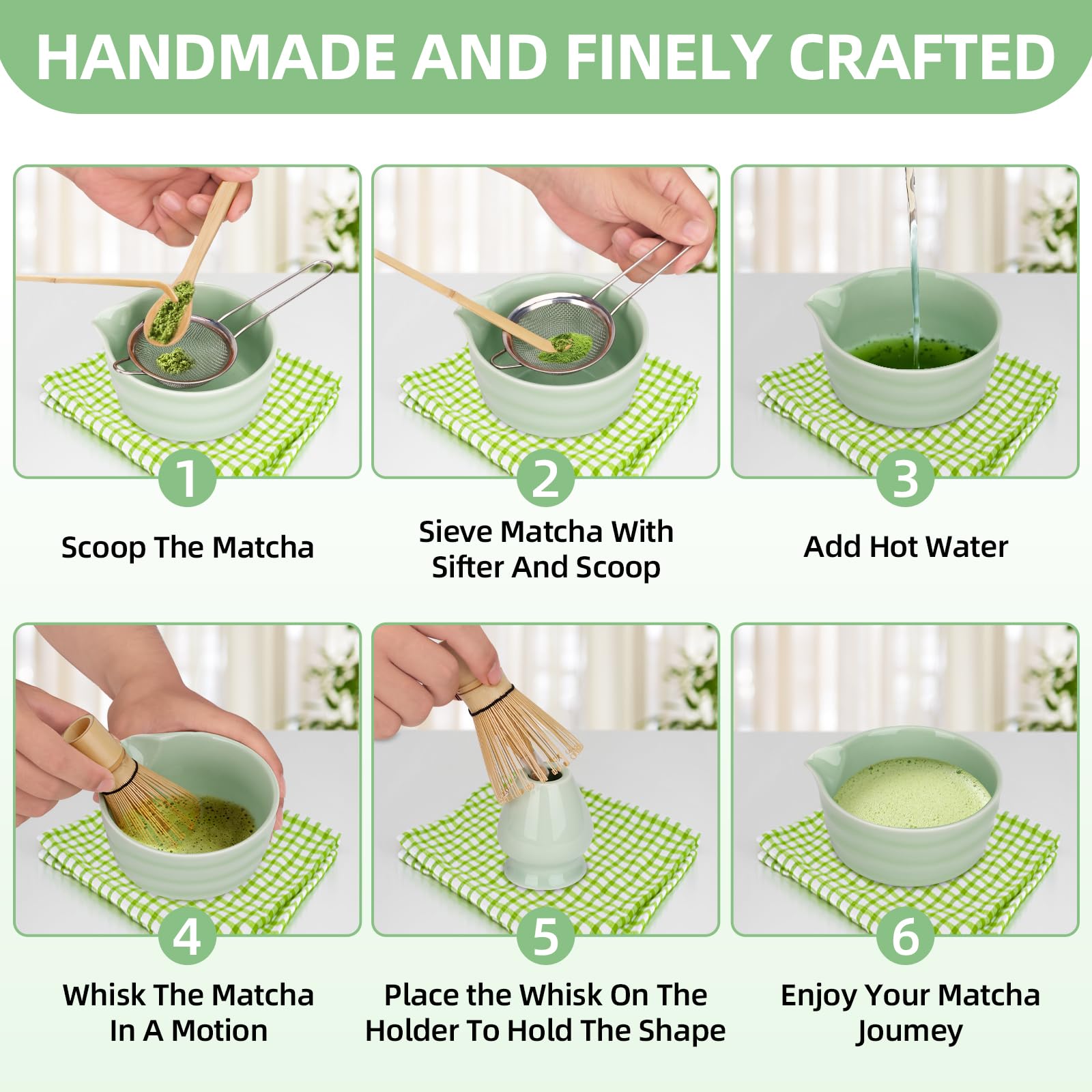 Matcha Set de 6 Piezas – Kit de Ceremonia Japonesa de Matcha con Cuenco de Matcha,Batidor de Matcha de Bambú,Soporte para Batidor,Colador, Cuchara y Pala – Set de Regalo para Amantes del Matcha