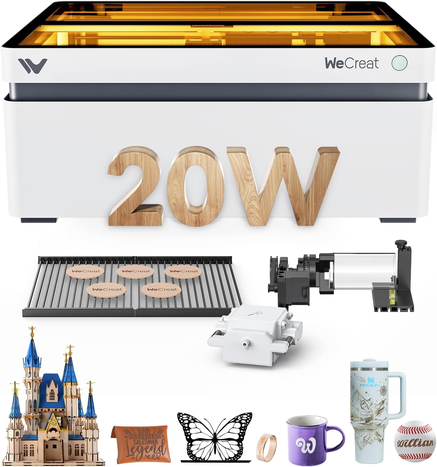 WECREAT Laser Engraver and Cutter, 20W(20,000mW) 4-in-1 Desktop Diode Fully Enclosed Laser Engraver Machine with Rotary, Home Business for Jewelry and Gift Making with Metal Wood Acrylic Leather