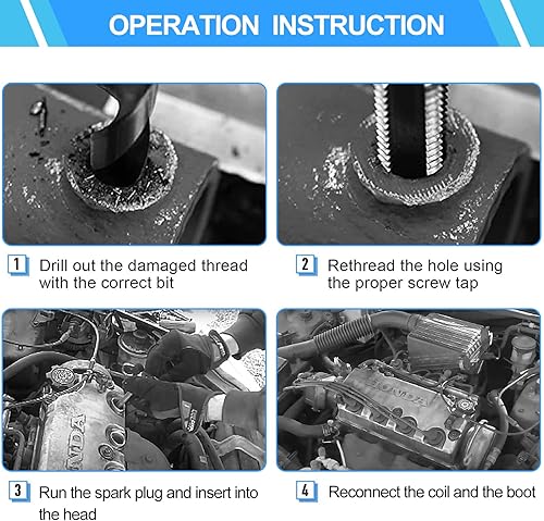 Miniatura 6 de Kit de reparación de roscas de bujía, 28 piezas, 4 tamaños, grifo de acero de alta velocidad e inserto de 5 tamaños, juego de herramientas de