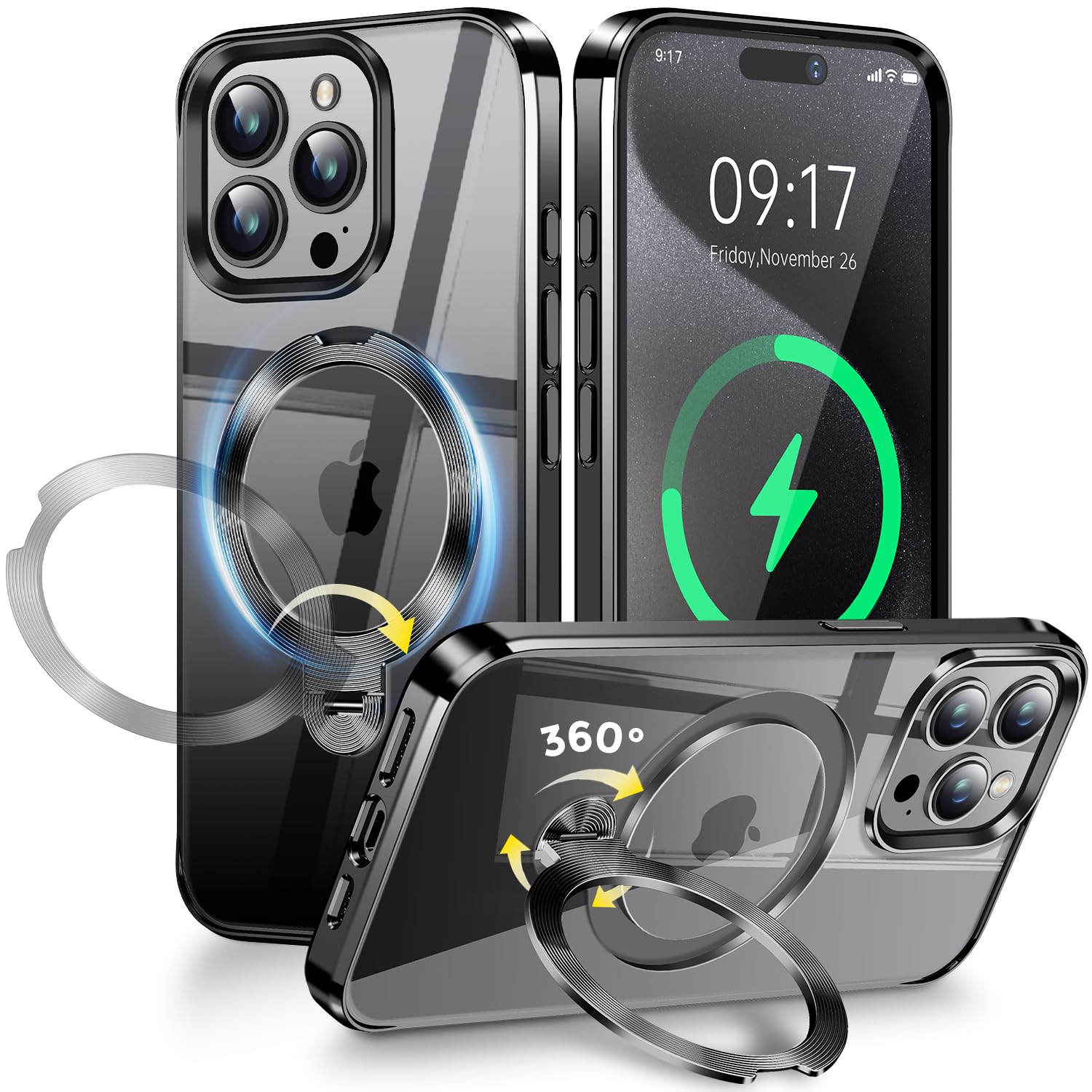 WHWEIYA [CD Metal Ring & Invisible 360° Spin Stand] Magnetic Case for iPhone 15 Pro [Electroplated Shockproof Bumper ] [Compatible with Mag Safe]