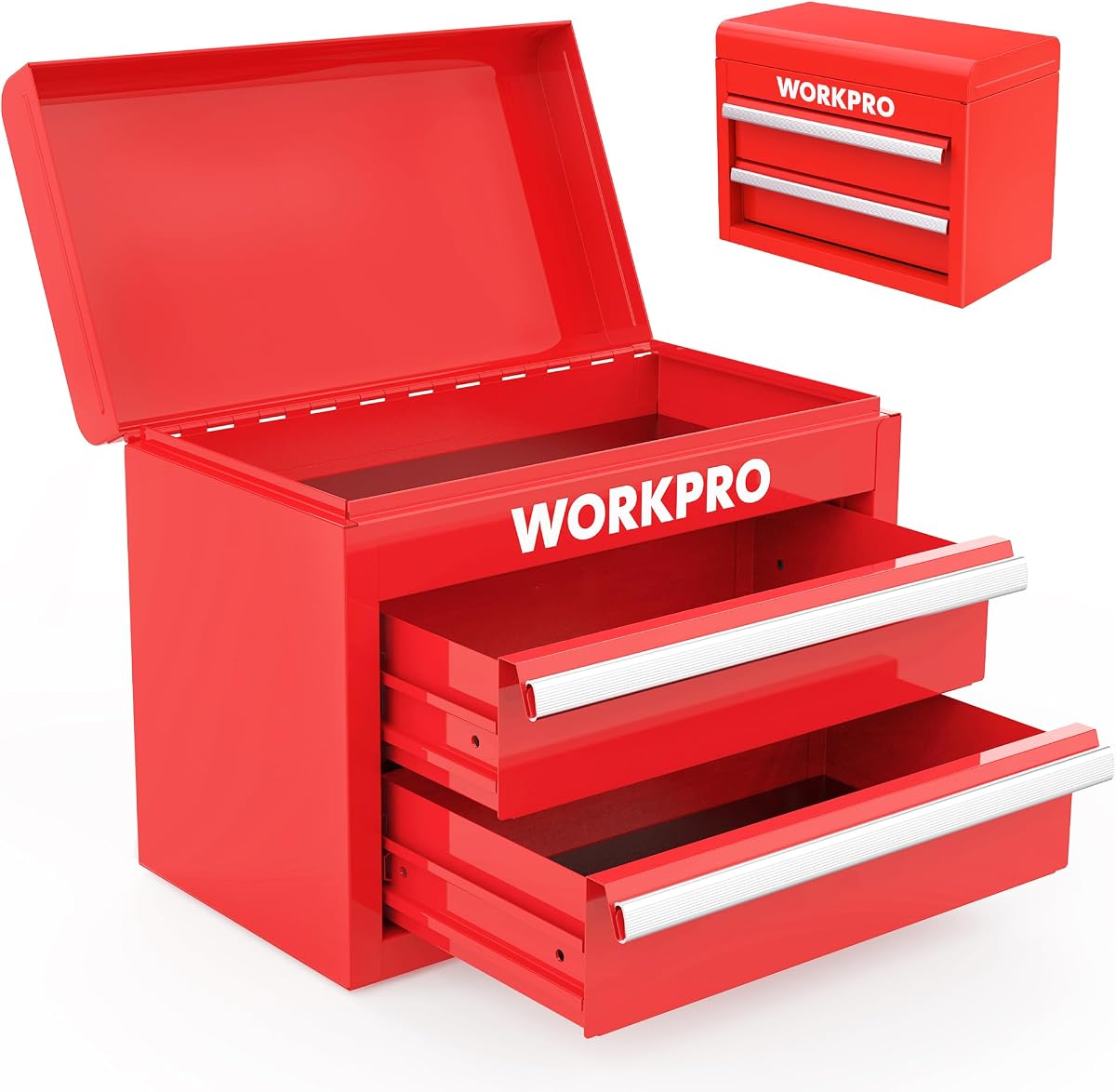WORKPRO Mini Metal Tool Box with 2 Drawers and Top Storage | Cold Rolled Steel, Small Tool Chest, PVC Liners, PP Feet Pads, Drawer Liners & Magnetic Tabs
