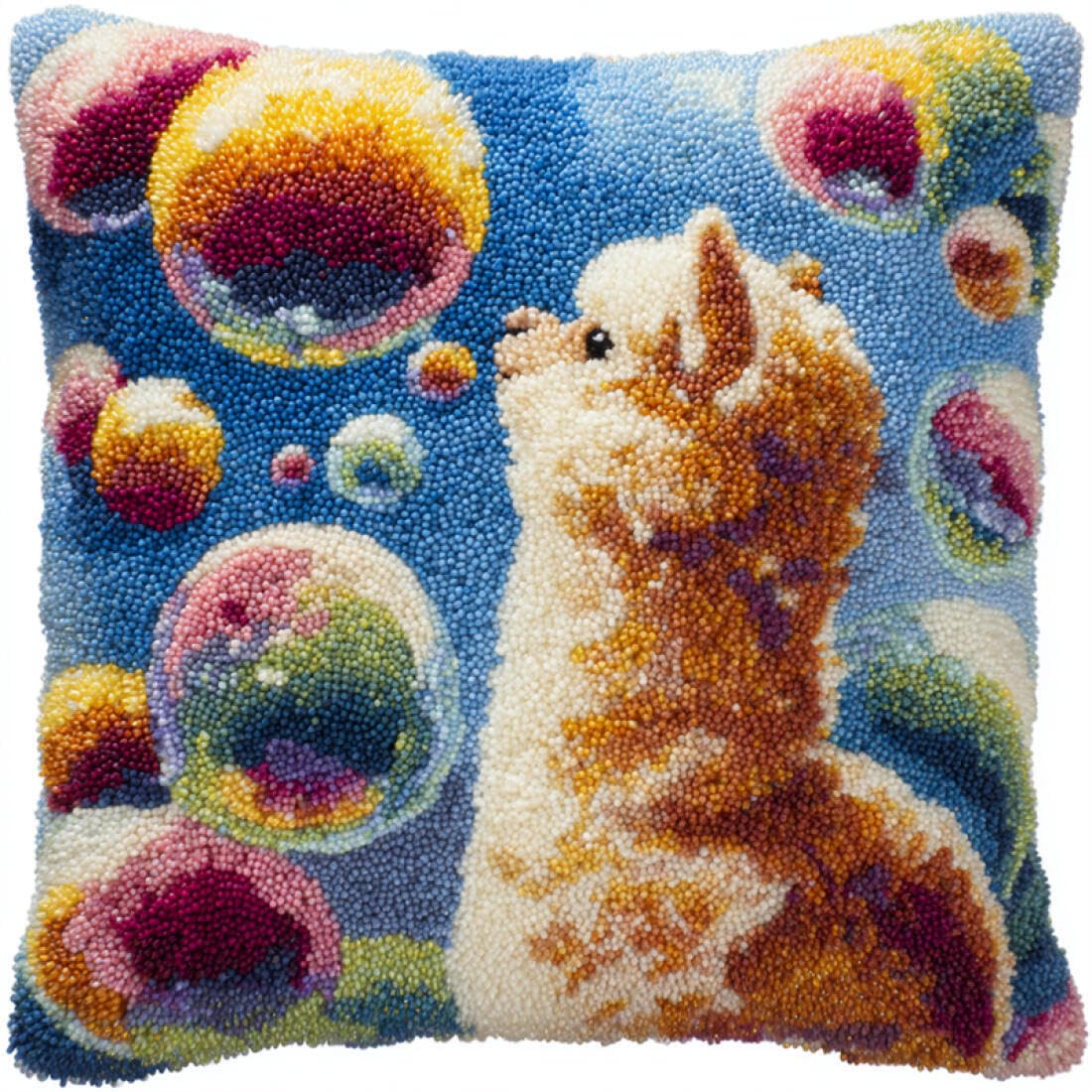 Kitquiver Animal Latch Hook Craft Kits Alpacas and Colorful Bubbles DIY Latch Hook Rug Kit for Beginners Embroidery Cushion Canvasfor Adult Beginners 17x17In