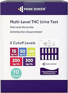 Prime Screen Multi Level Marijuana(THC) Urine Test Kit. Highly Sensitive THC 5 Level Drug Test Kit. Detects at 15 ng/mL,50 ng/mL,100 ng/mL, 200 ng/mL and 300 ng/mL,Rapid Result Within 5 mins [10 Pack]
