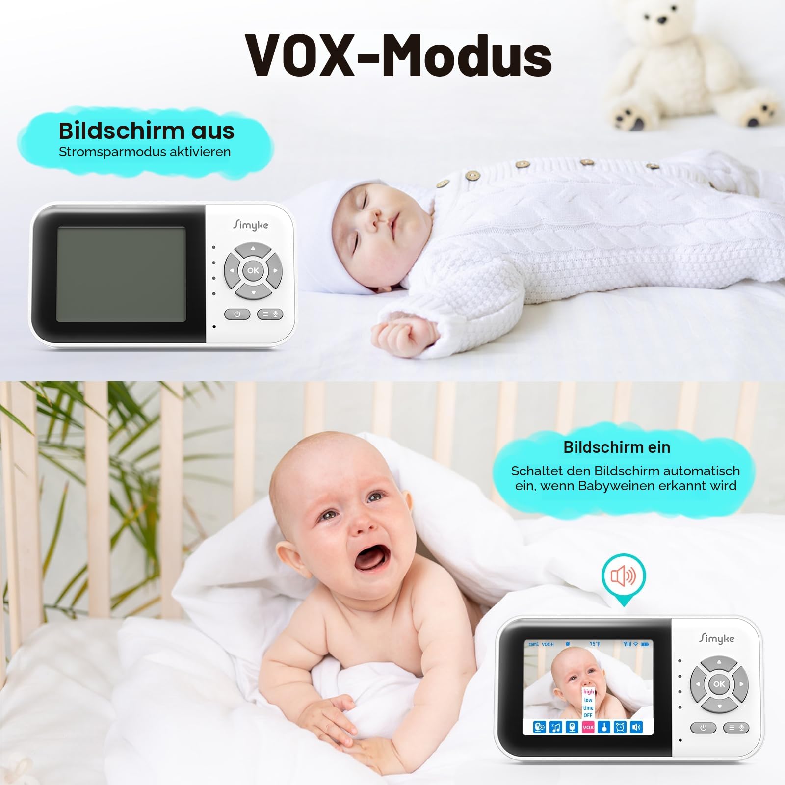Simyke Babyphone mit Kamera, App und 2.8 Zoll Bildschirmsteuerung Baby Monitor, IR Nachtsicht & Temperatursensor, 2-Wege-Audio, VOX-Modus & Weinerkennung, Bis zu 1000ft
