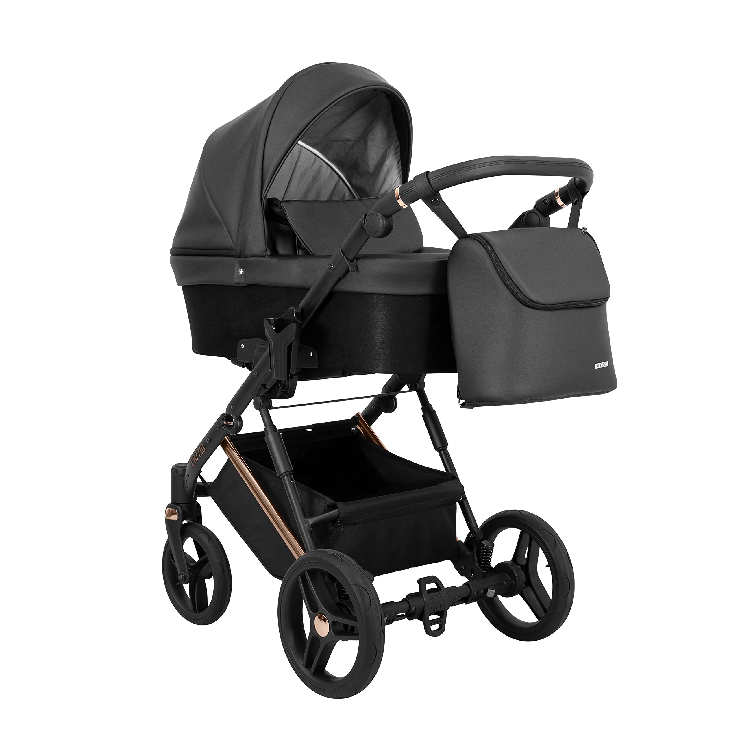 Kunert cochecito de bebé LAZZIO PREMIUM silla de paseo silla de coche asiento de bebé juego completo 2 en 1 y 3 en1 (2en1, negro eco - marco de cobre)