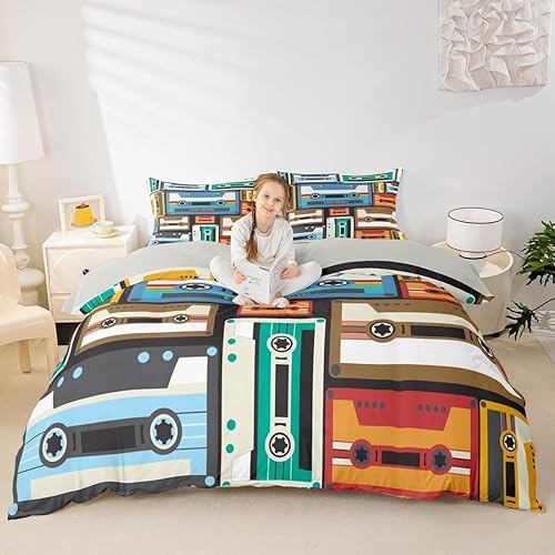 Juego de funda de edredón de cinta musical vintage, tamaño matrimonial, juego de ropa de cama con estampado de cinta retro de los años 80, funda de