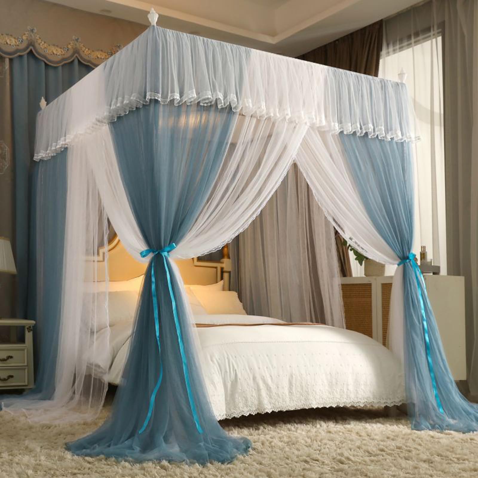 GTHTUHFD Princess Bed Canopy - Four Corner Post Lace Embroidery Mosquito Netting For Girls' Room - Elegant Dreamy Bedroom Decor,Blue-1.2 * 2.0m