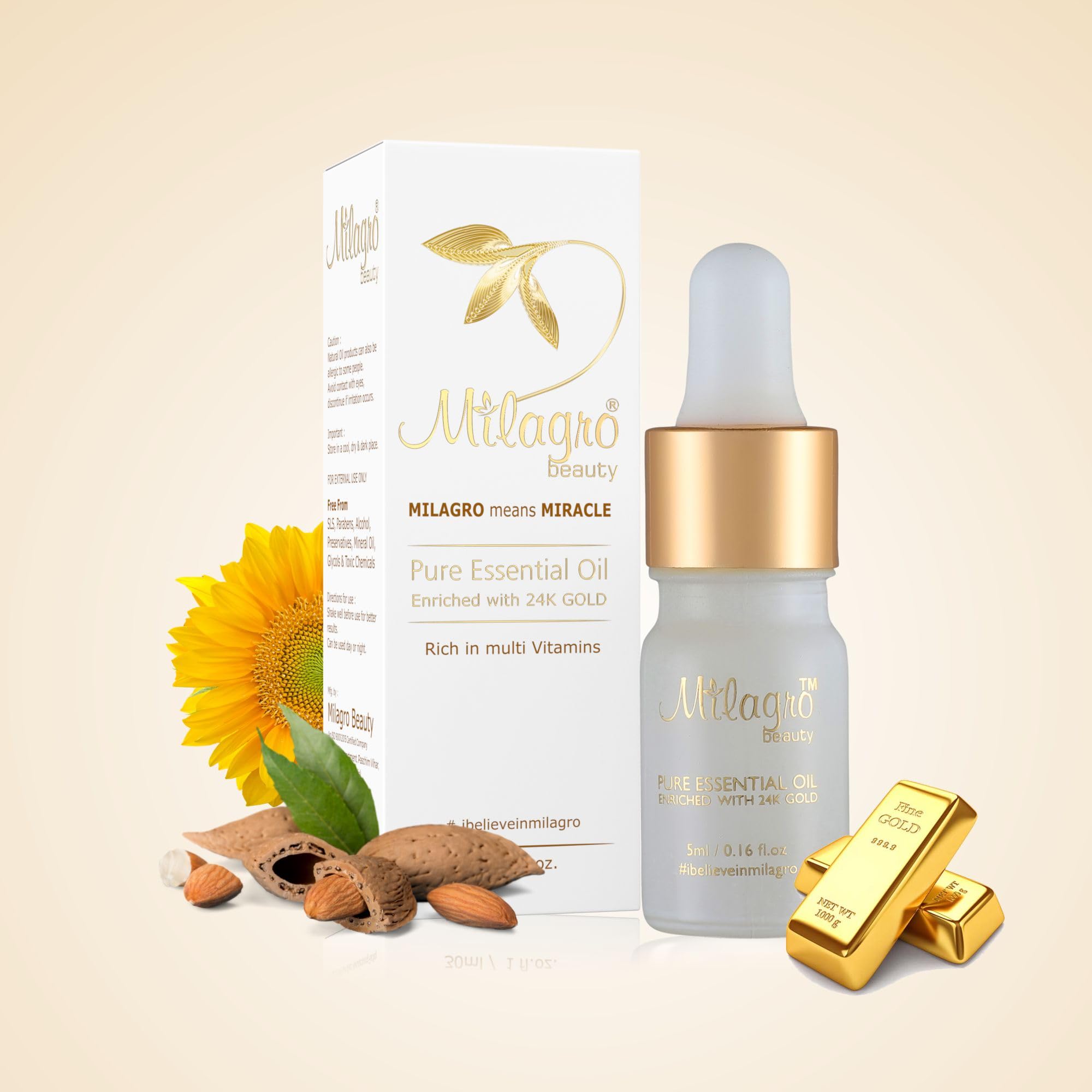 Milagro Beauty 24K Gold Leaves Pure Essential Oil with Goodness of Lemongrass, Sunflower & Almond for Skin Hydration Anti-ageing Glow Booster Primer for Dewy Foundation Finish (5ml)