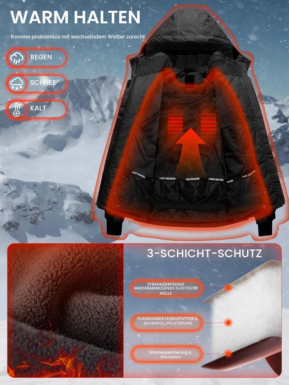 FREE SOLDIER Damen Winterjacke Wasserdicht Atmungsaktiv Warme Fleece Gefütterte Ski Jacke Outdoor Winterregenjacke mit Kapuze und Vollständig Versiegelte Nähte