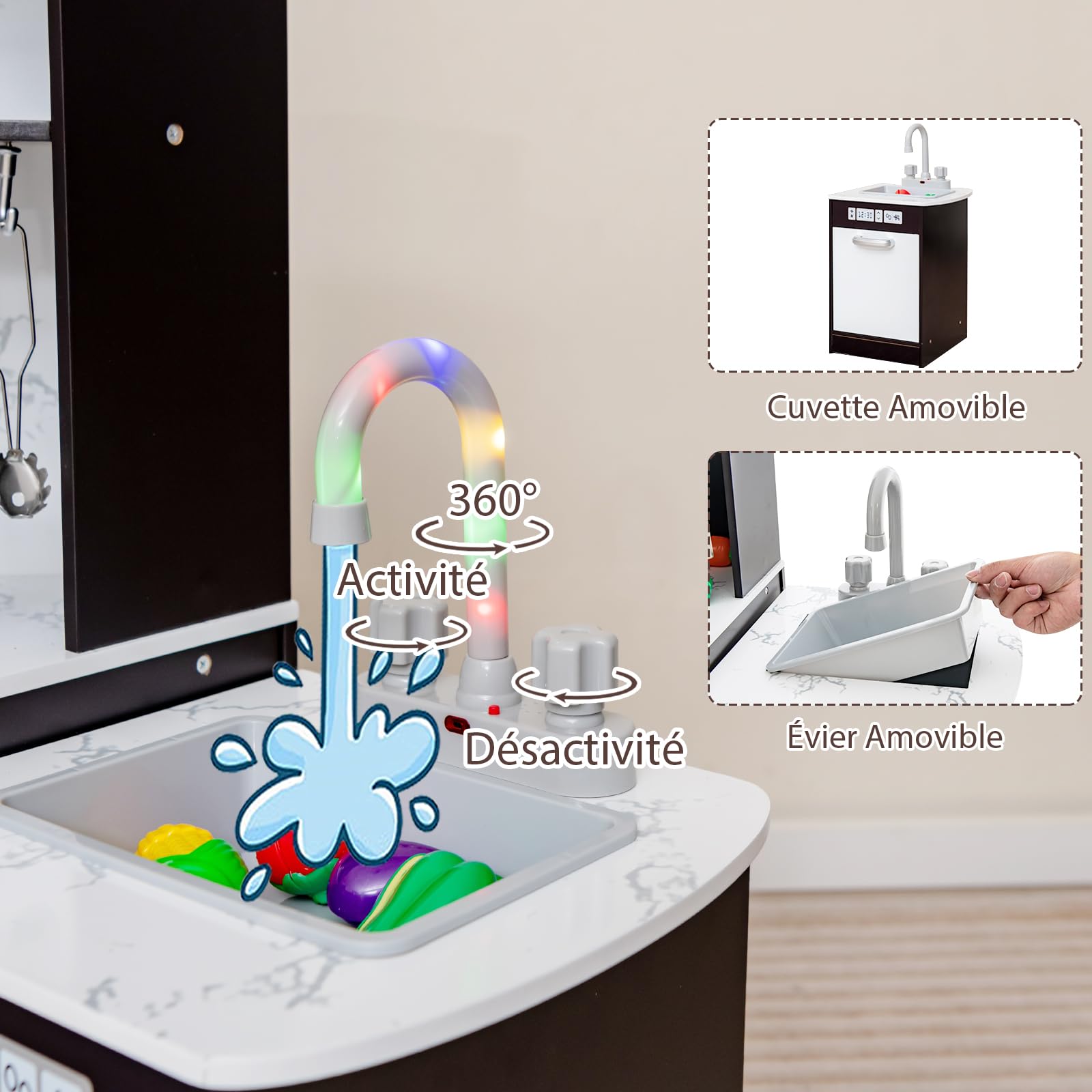 GOPLUS Cuisine en Bois Enfant, Cuisine d'angle avec Tableau Noir, Hotte, Micro-Ondes, Four, Effets Lumineux et Sonores, Accessoires Riches, Jouet d'Imitation pour Enfant 3+ Ans (Café)