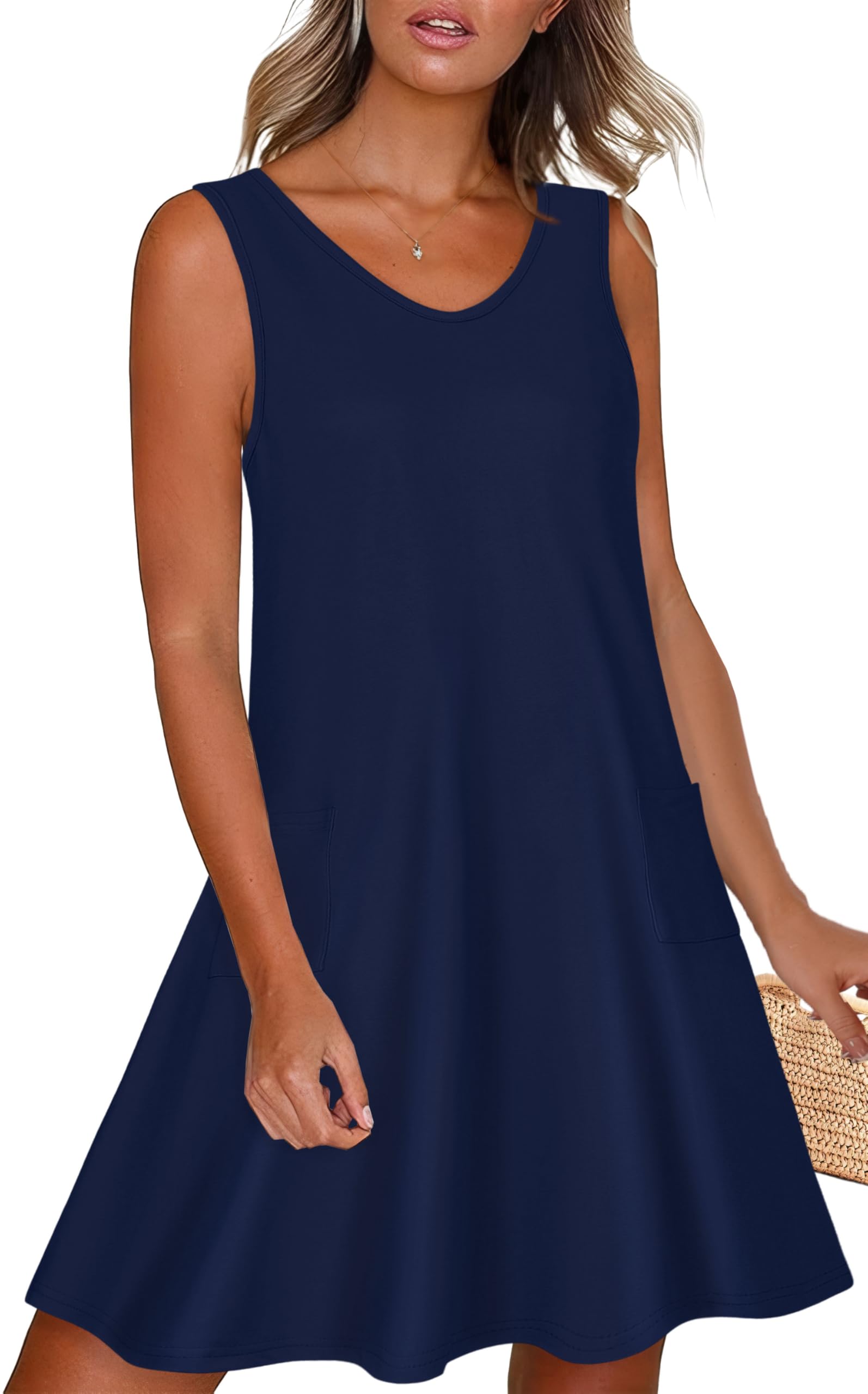 Womens Summer Dresses Casual V Neck Sleeveless Pockets Beach Loose Sundress | 2026 Loose Tank Sun dres with pockets, Casual Beach Cover Up, Fashion Vacation Outfits, Tshirt Floral Boho A-Line Flow Dress