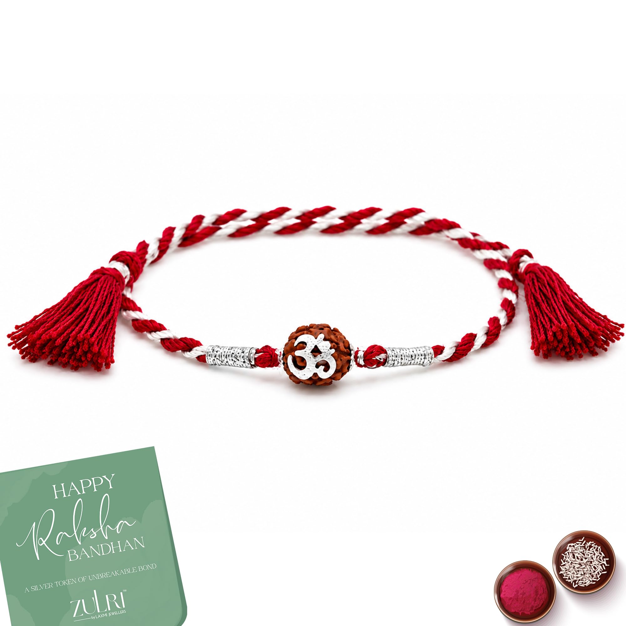 92.5 Sterling Silver Panchmukhi Rudraksha with OM Thread Rakhi For Rakshabandhan | Rakhi With Fragrance Greeting Card & Roli Chawal and Silver Certificate of Authenticity-image-22