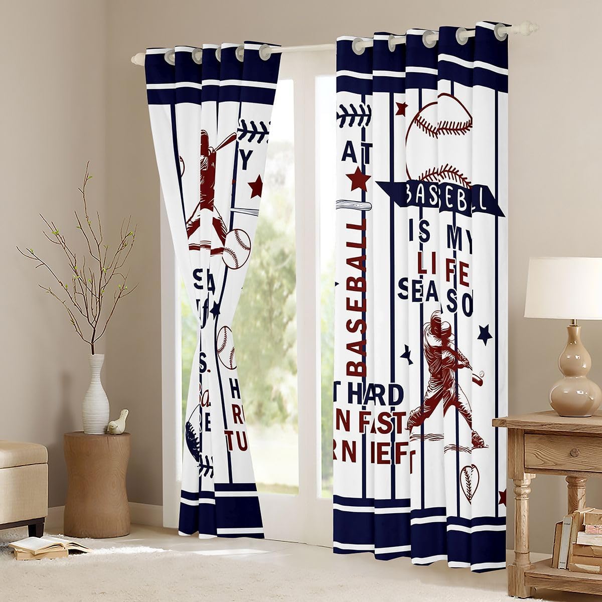 Feelyou Personalized Baseball Window Curtain, 2 Panels 38 x 45 Inch Eat Sleep Baseball Blackout Drapes Sports Game Room Decor White and Navy Blue Treatments for Bedroom Living Room image 3