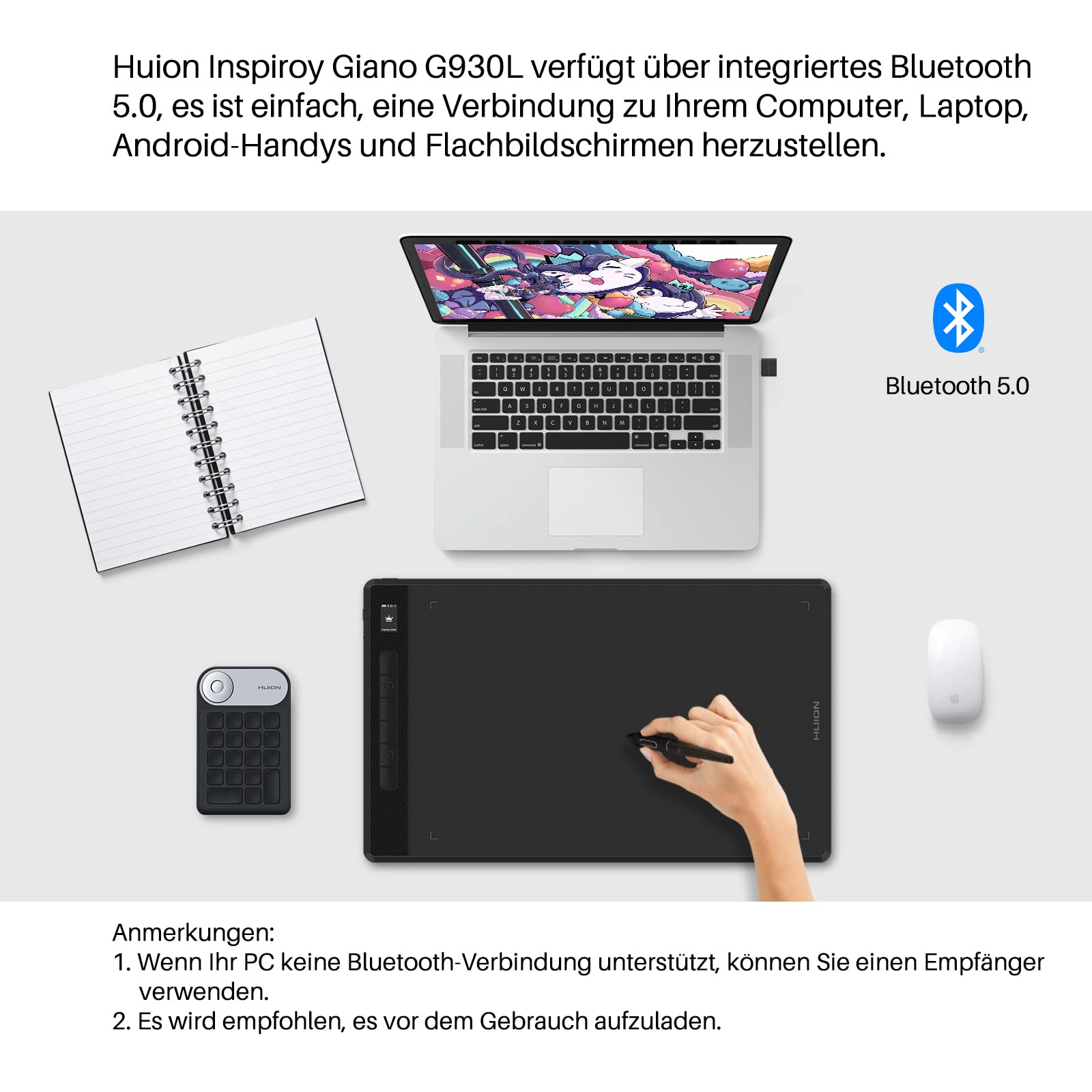 HUION Inspiroy Giano G930L Grafiktablett Bluetooth, mit Intelligentem Mini-LCD-Bildschirm und Batterielosem PW517-Stift mit 8192 Druckstufen, 13,6 Zoll Kabelloses Zeichentablett für Designer Künstler