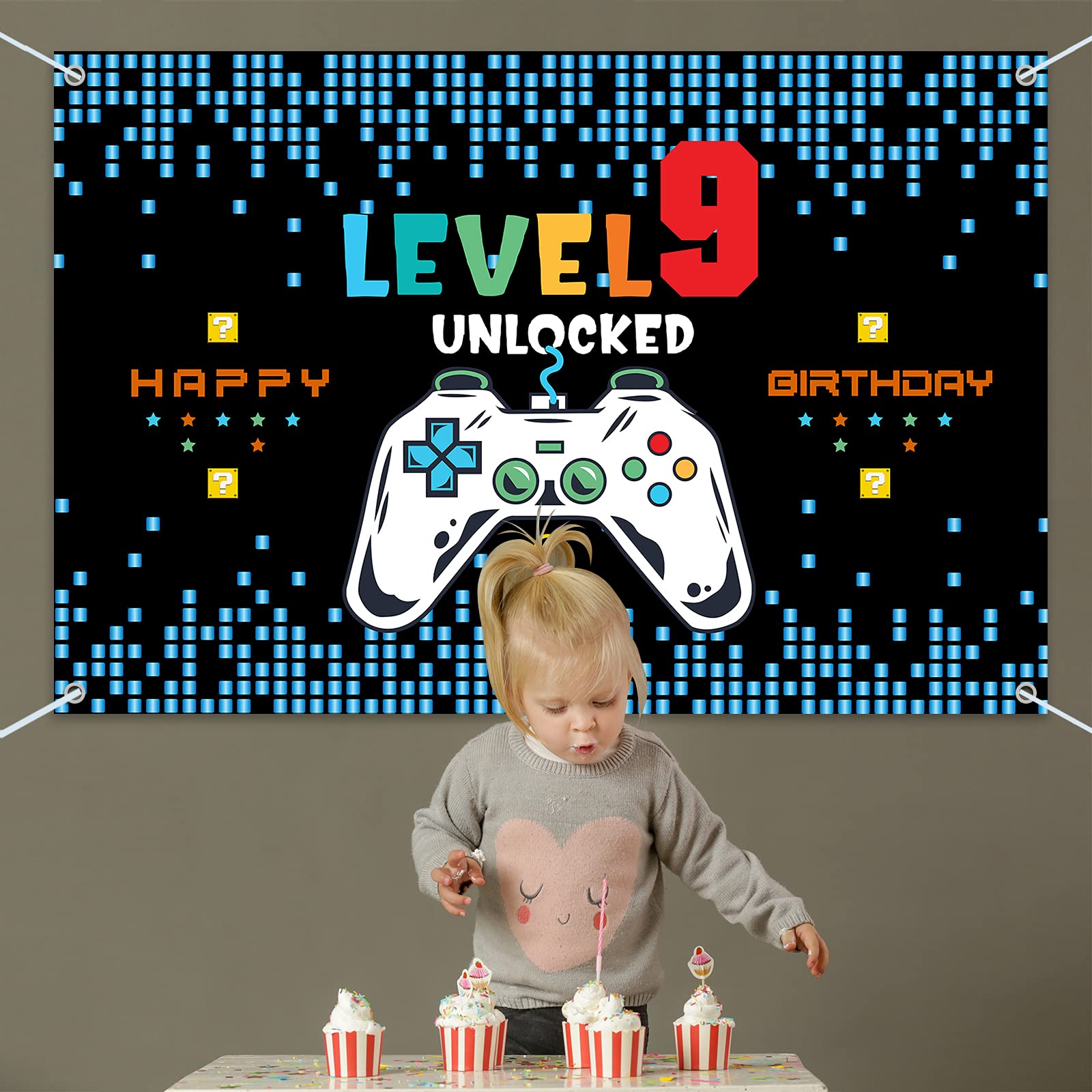HAMIGAR Baner z napisem "Happy 9th Birthday" 1,8 x 1,2 m – poziom 9 odblokowane dekoracje urodzinowe artykuły imprezowe dla chłopców – niebieskie