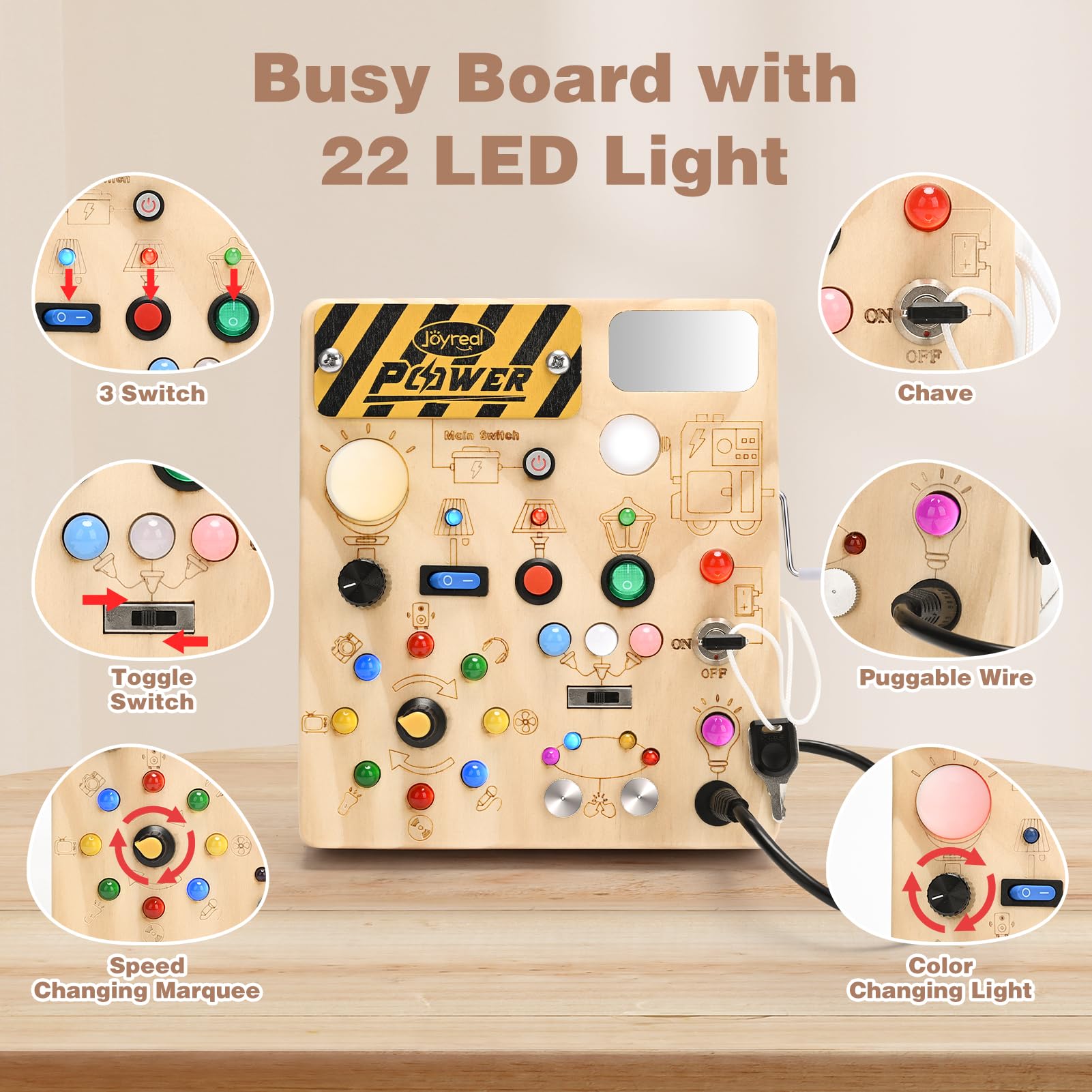 Joyreal Montessori Busy Board for Toddlers LED Activity Board with Hand Crank Generator, 22 LED Lights & 11 Switches - Image 2