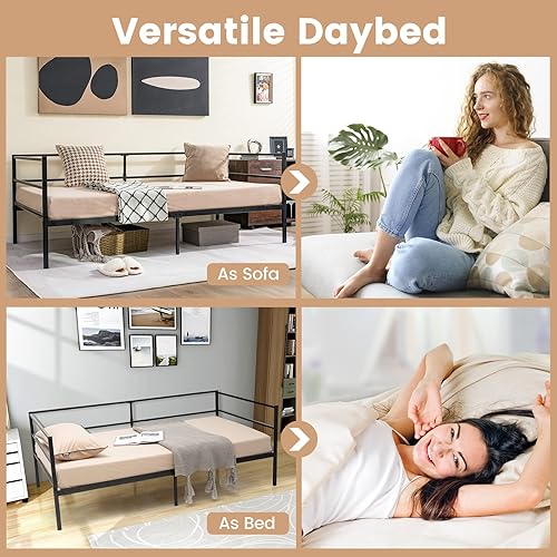 Miniatura 7 de Giantex Marco de cama de metal tamaño individual, cama de día con soporte de listones de metal y barandillas de 3 lados, sofá cama 2 en 1 que ahorra