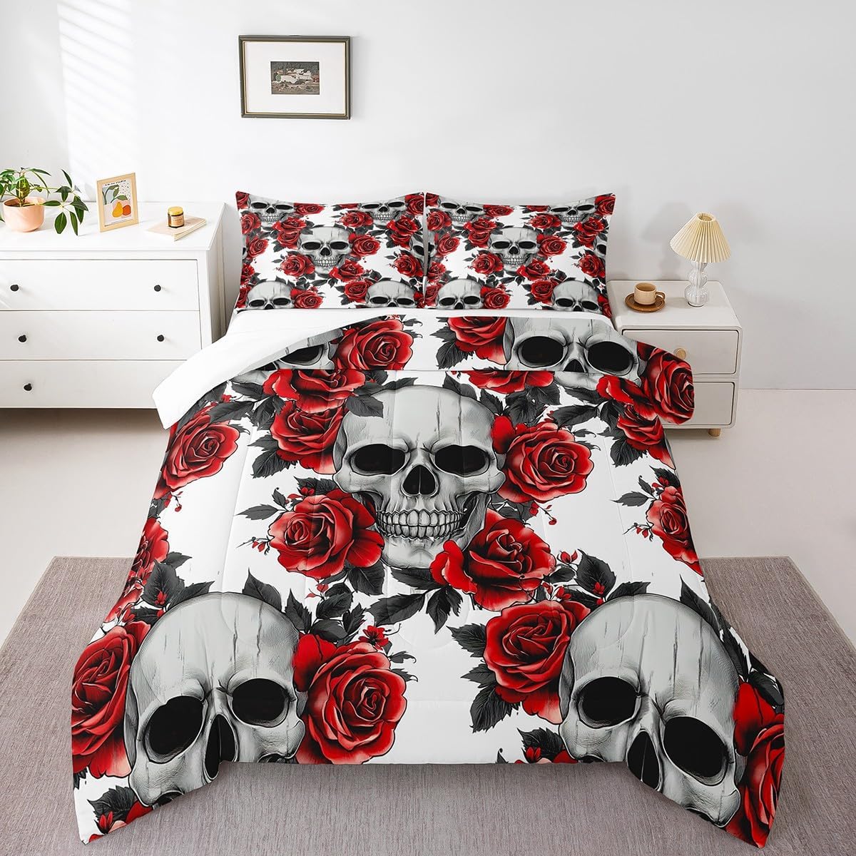 Castle Fairy King and Queen Skull Bedding Set Toddler Size Skeleton Kissing Couple Comforter Set for Women Adults Room Decor Romantic Gothic Duvet Insert Red Rose Flower Down Comforter Set,2Pcs
