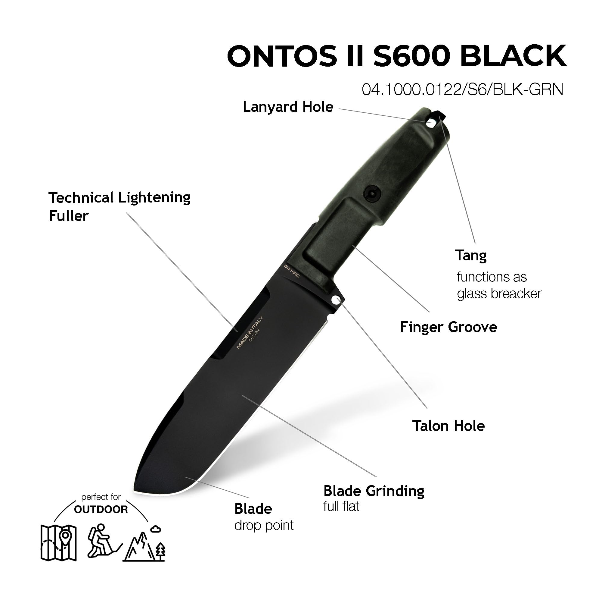 Extrema Ratio - Ontos II S600 (BLACK), Fixed Blade Knife, S600 steel blade hardened to 58 HRC, black burnished finish, paracord-wrapped handle, rear striking pommel, handcrafted in Italy