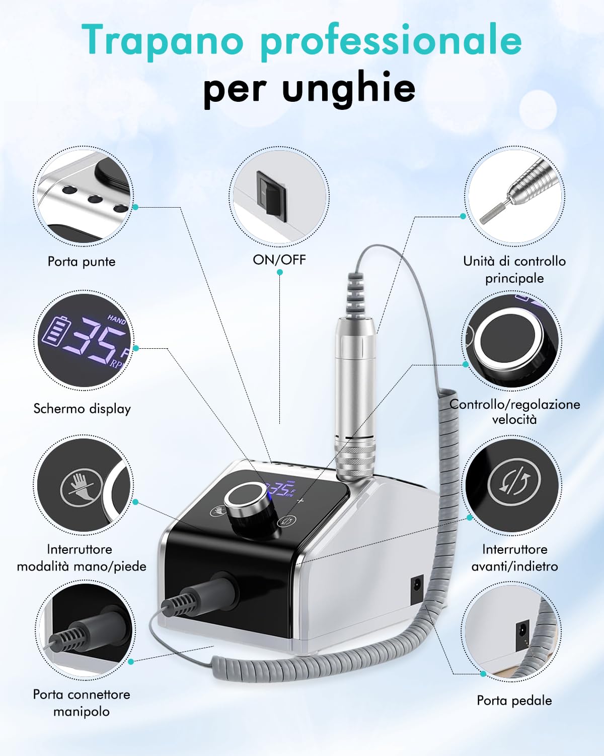 CozyZen Fresa Unghie Elettrica Professionale 35000 RPM con LCD | Lima Elettrica per Unghie con Pedale, Bassa Rumorosità, Controllo Velocità, per Unghie Acriliche e Gel, Casa e Salone