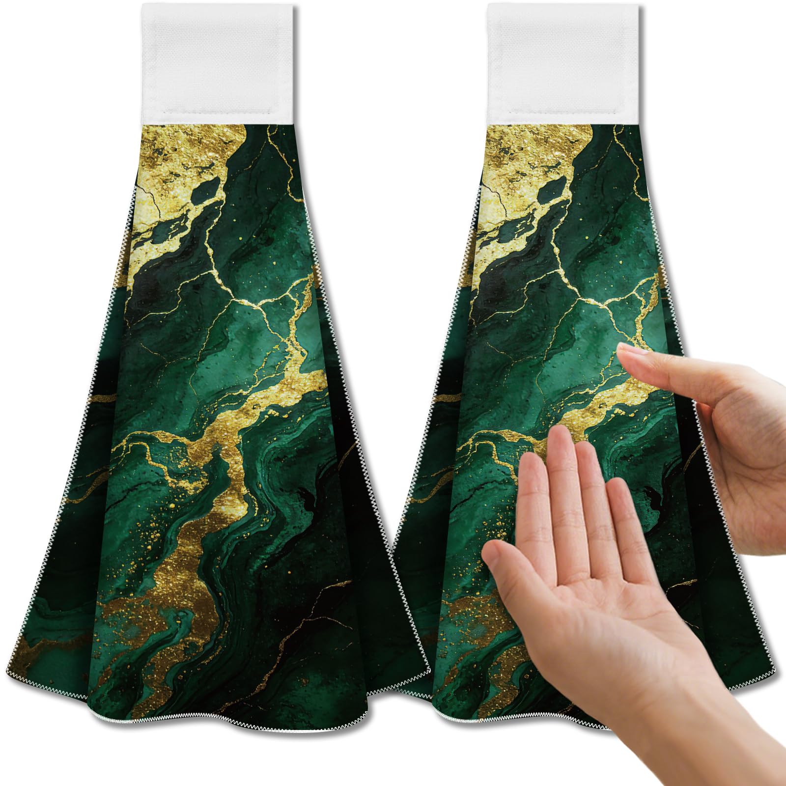 CUTHOLLOW 2 Pcs Turquoise Green and Marble Hanging Kitchen Towels with Loop