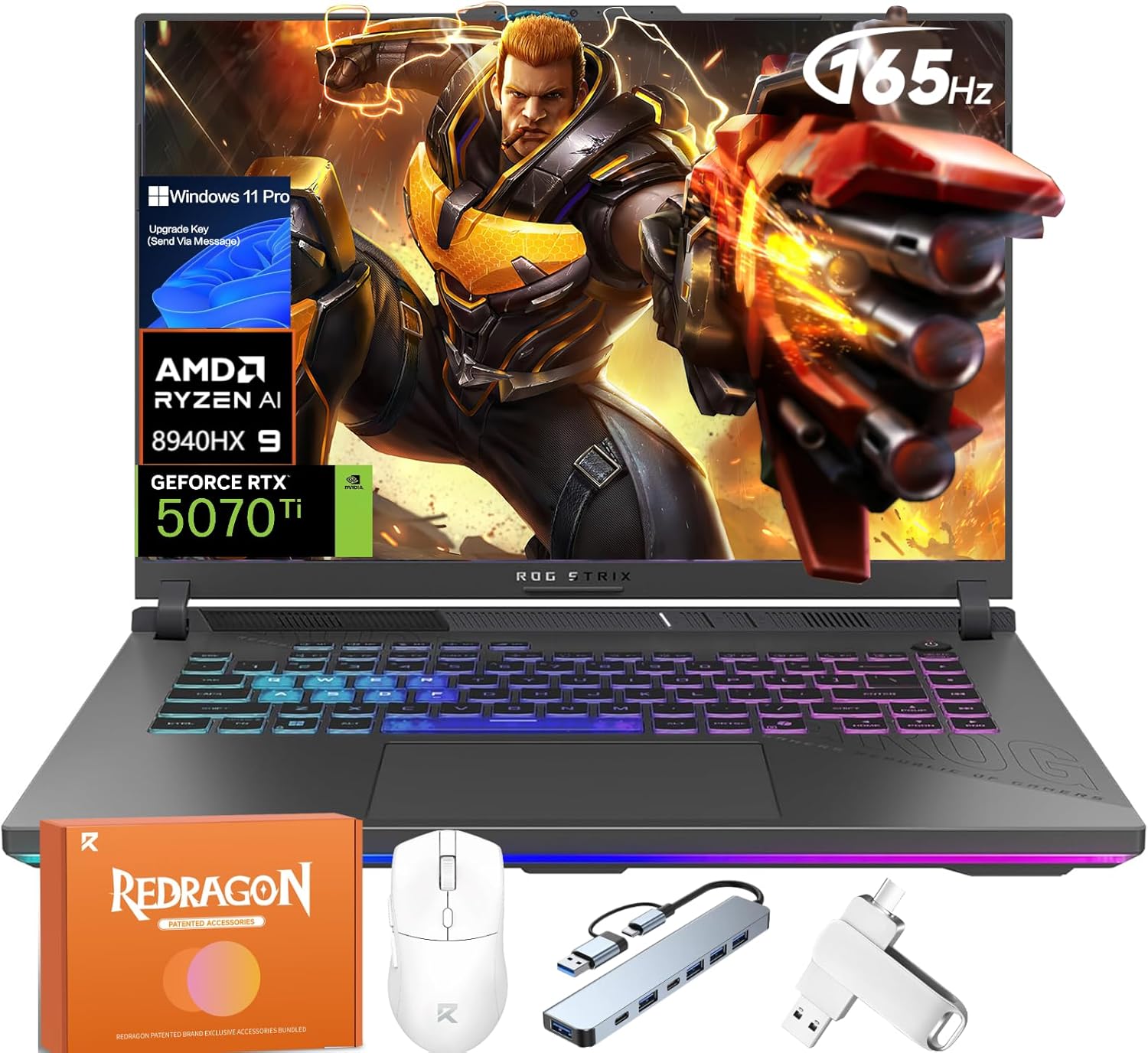 ASUS ROG Strix G16 Gaming Laptop, Ryzen 9 8940HX (16 Cores, 32 Threads, Up to 5.3GHz), NVIDIA RTX 5070Ti 12GB GDDR7, 32GB DDR5, 1TB SSD, 16" IPS WUXGA 165Hz, Wi-Fi 6E, Windows 11 Pro, w/REDRAGON Mouse