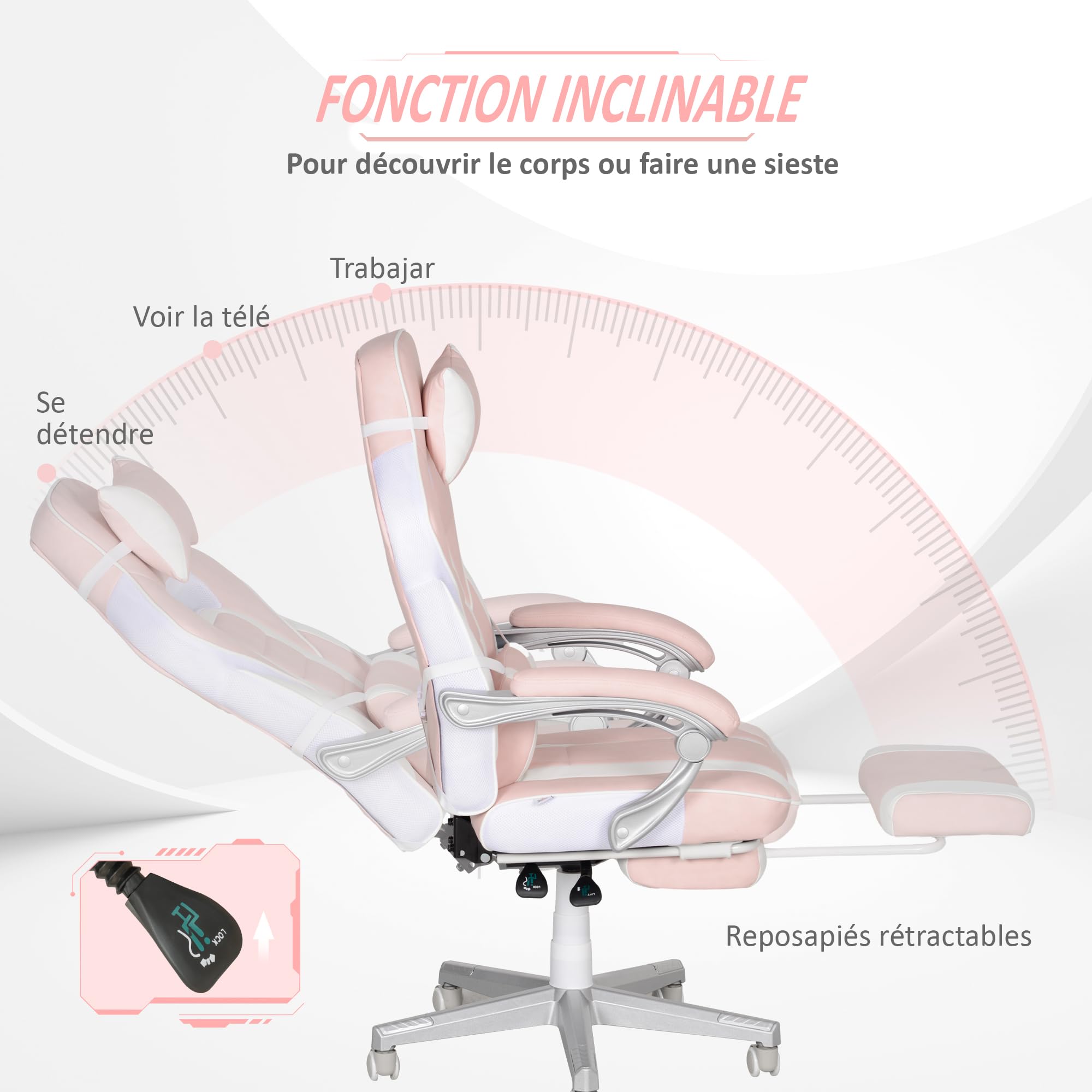 HOMCOM Chaise Gaming avec Repose-Pieds, Hauteur Réglable, Appui-Tête, Rose