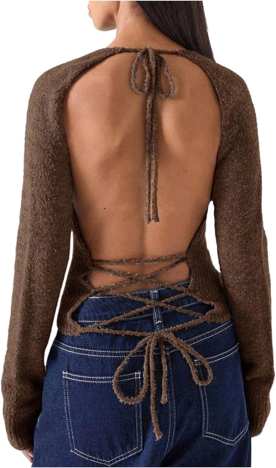 MakeMeChic Women's Open Back Lace Up Sweater Crew Neck Long Sleeve Y2k Pullover Tops