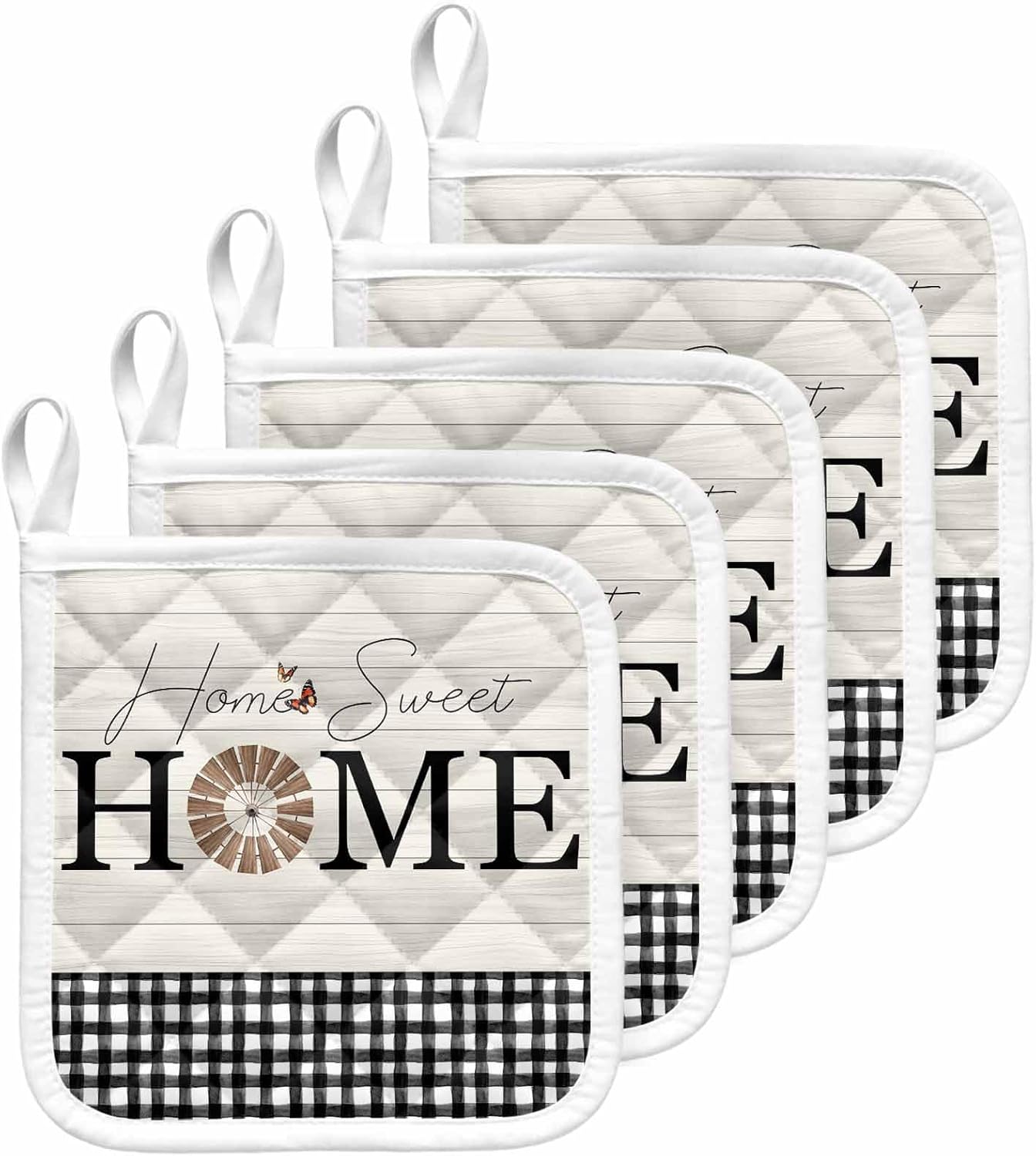 5 Pack Pot Holders for Kitchen, Home Windmill Black Plaid Hot Pads for Kitchen Countertops Oven Pot Holder Bulk, Beige Wooden Farmhouse Heat Insulation Potholders with Hanging Loops