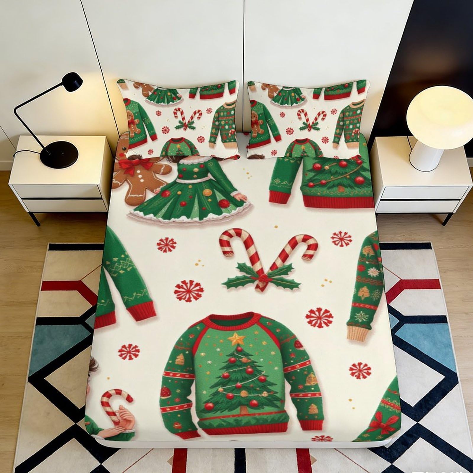 Festive decor 3D Printed Fitted Sheet Christmas sweater candy cane pattern Microfiber soft touch for bedroom guest room apartment bedding 140x200x25cm