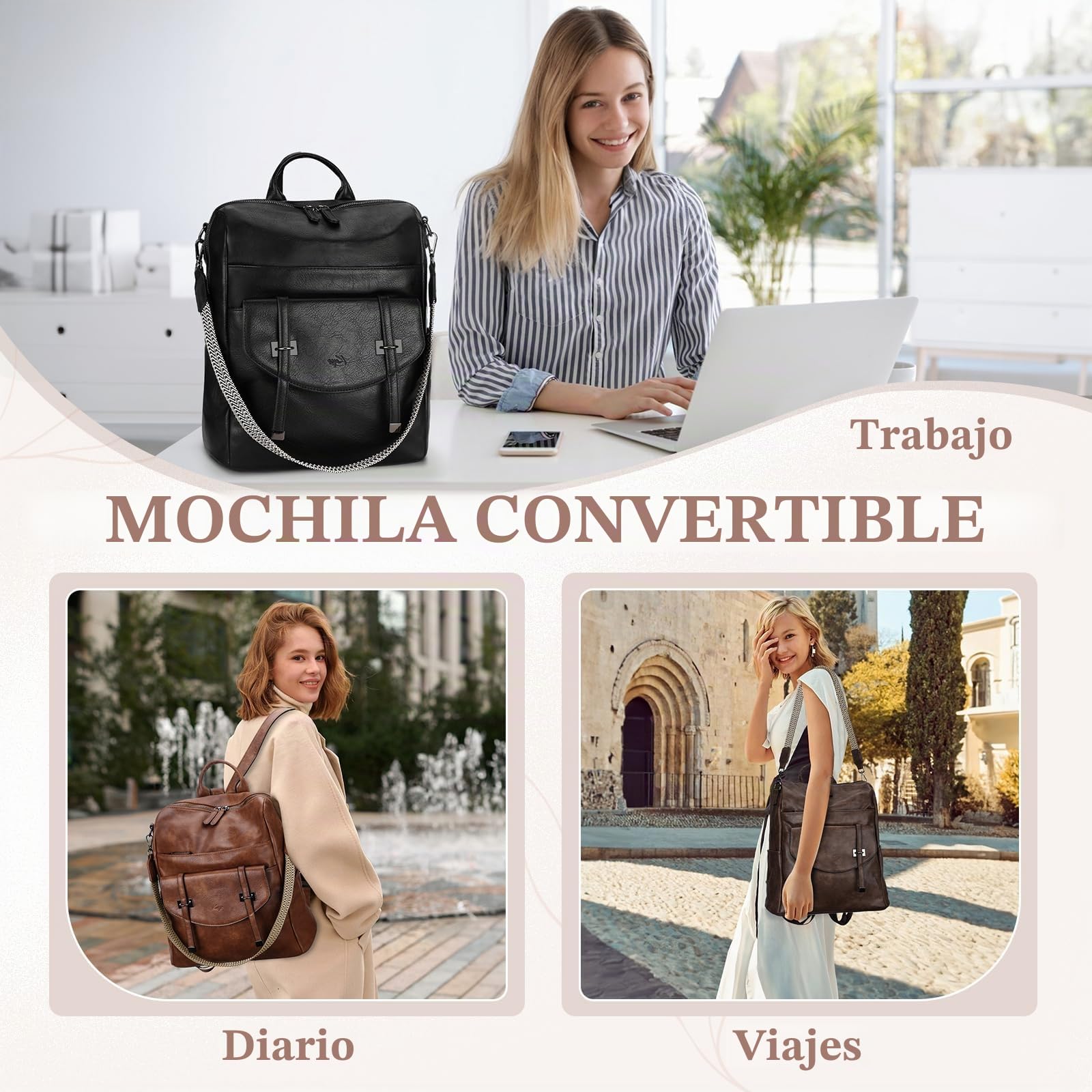 Mochila Viaje Mujer, Bolso Mochila de Cuero PU Mochila Antirrobo de Moda Bolso Convertible Impermeable Mochila Universidad Grande con Cartera para Shopper Esculea Trabajo, Café