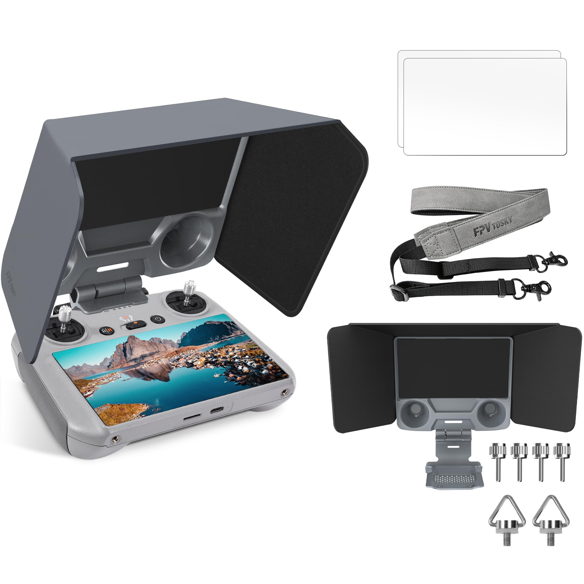 FPVtosky RC 2 Controller More Protector Kit for DJI Mini 5 Pro/Mini 4 Pro/Flip/Air 3 Accessories, Kit includes RC 2 Sun Hood Cover, RC 2 Lanyard, RC 2 Screen Protection x 2, RC 2 Accessories